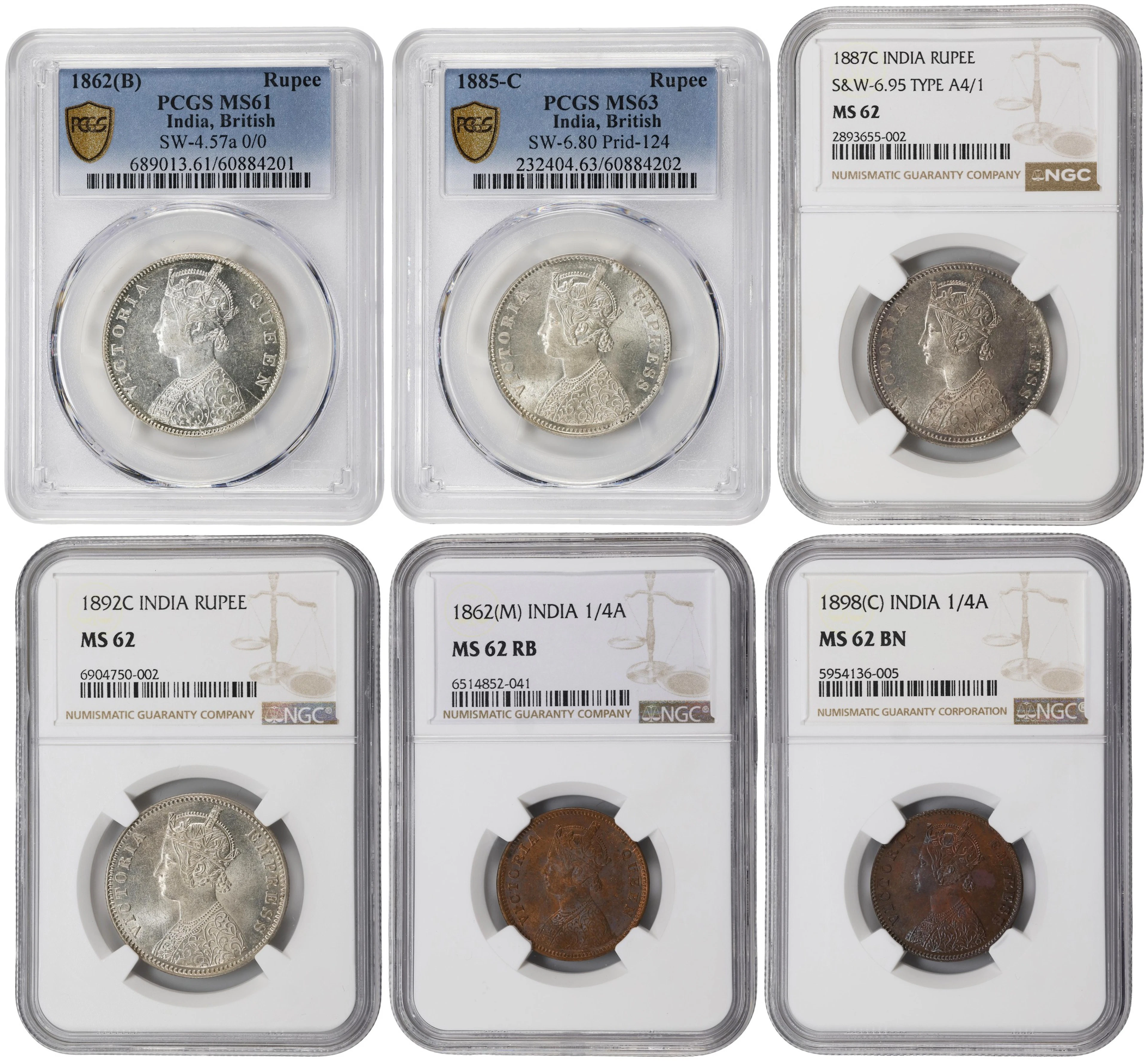 INDIA. Sextet of Mixed Denominations (6 Pieces), 1862-98. Victoria.