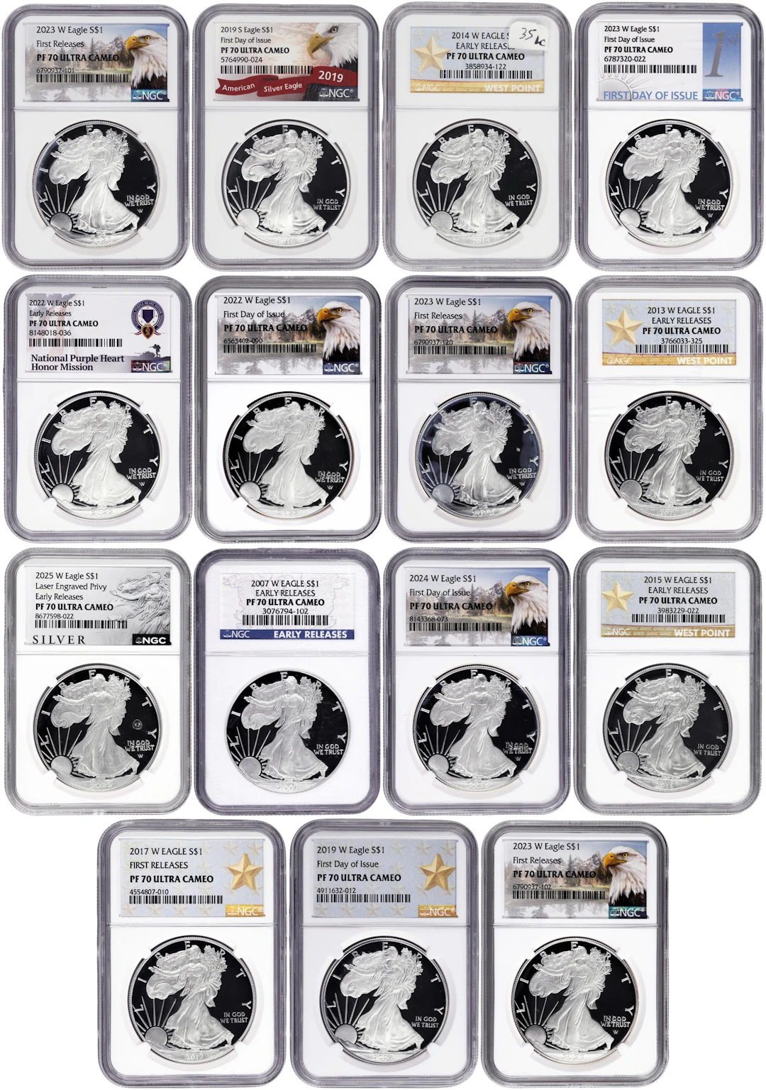 (15 oz, 466.56 g ASW). Lot of (15) Mixed Date American Silver Eagles.