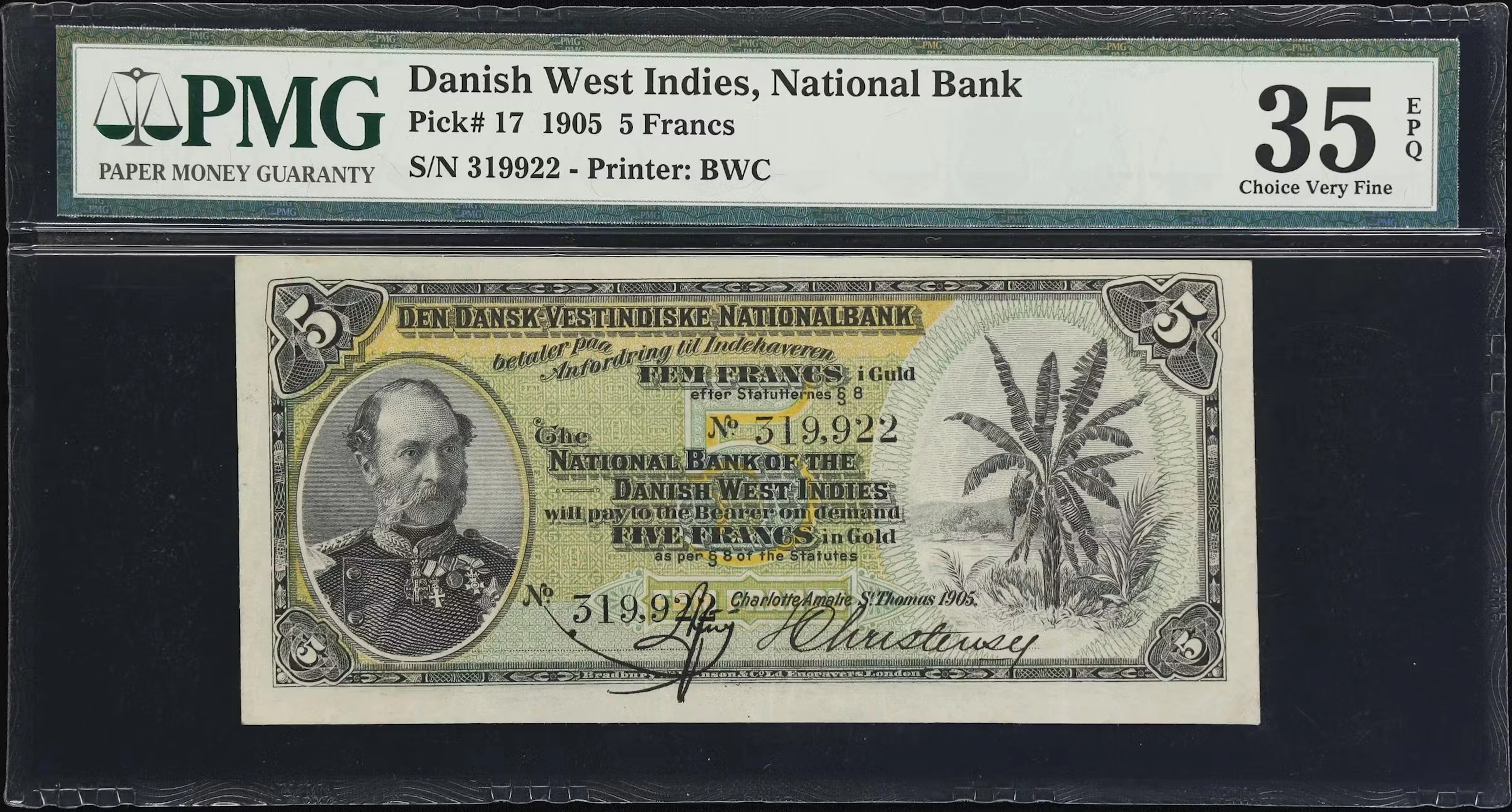 DANISH WEST INDIES. Dansk-Vestindiske Nationalbank. 5 Francs, 1905.