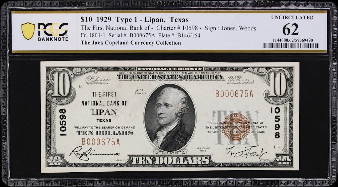 Lipan, Texas. $10 1929 Ty. 1. Fr. 1801-1. First NB. Charter #10598.