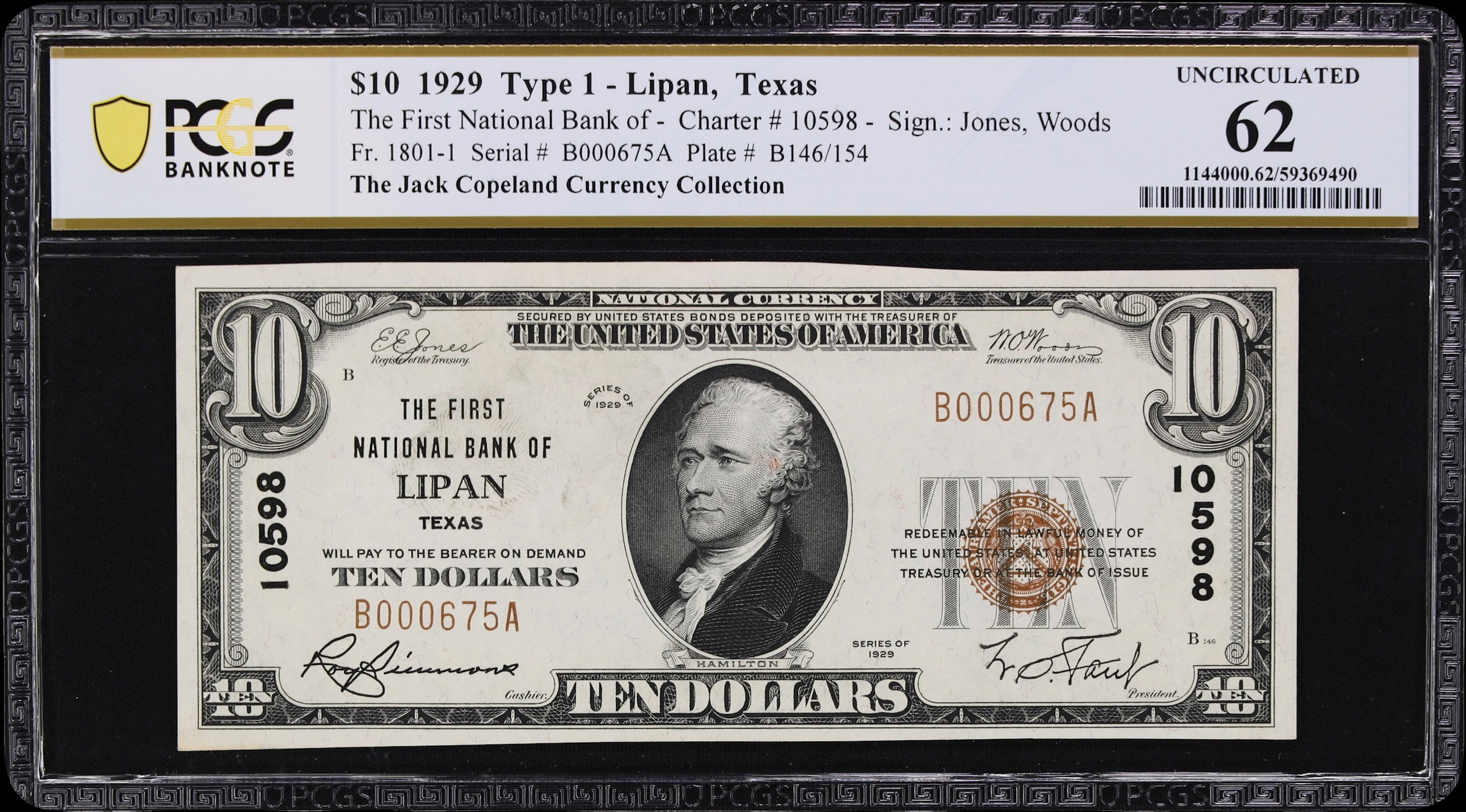 Lipan, Texas. $10 1929 Ty. 1. Fr. 1801-1. First NB. Charter #10598.