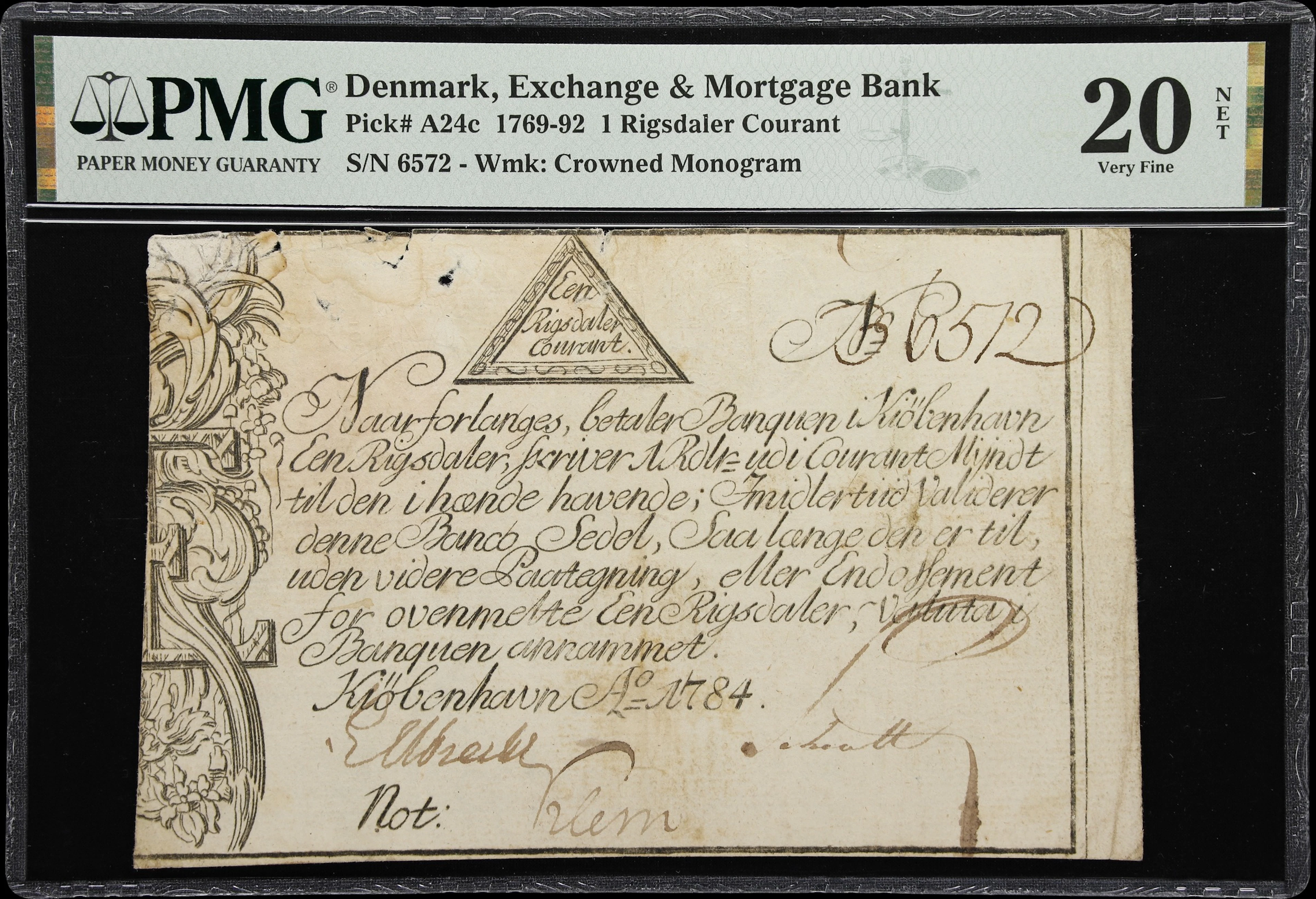 (◊) DENMARK. Exchange & Mortgage Bank. 1 Rigsdaler Courant, 1784.