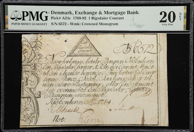 (◊) DENMARK. Exchange & Mortgage Bank. 1 Rigsdaler Courant, 1784.