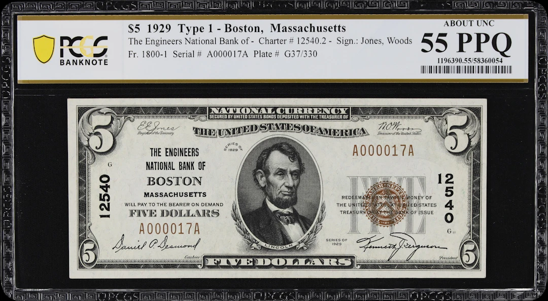 Boston, Massachusetts. $5 1929 Ty. 1. Fr. 1800-1. Engineers NB. Charter