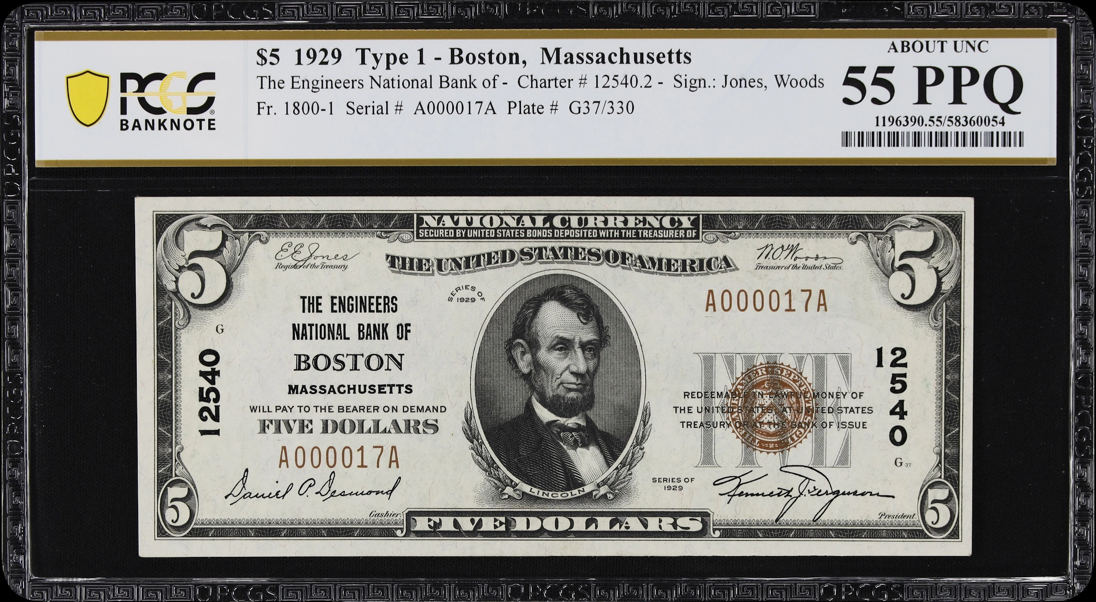 Boston, Massachusetts. $5 1929 Ty. 1. Fr. 1800-1. Engineers NB. Charter