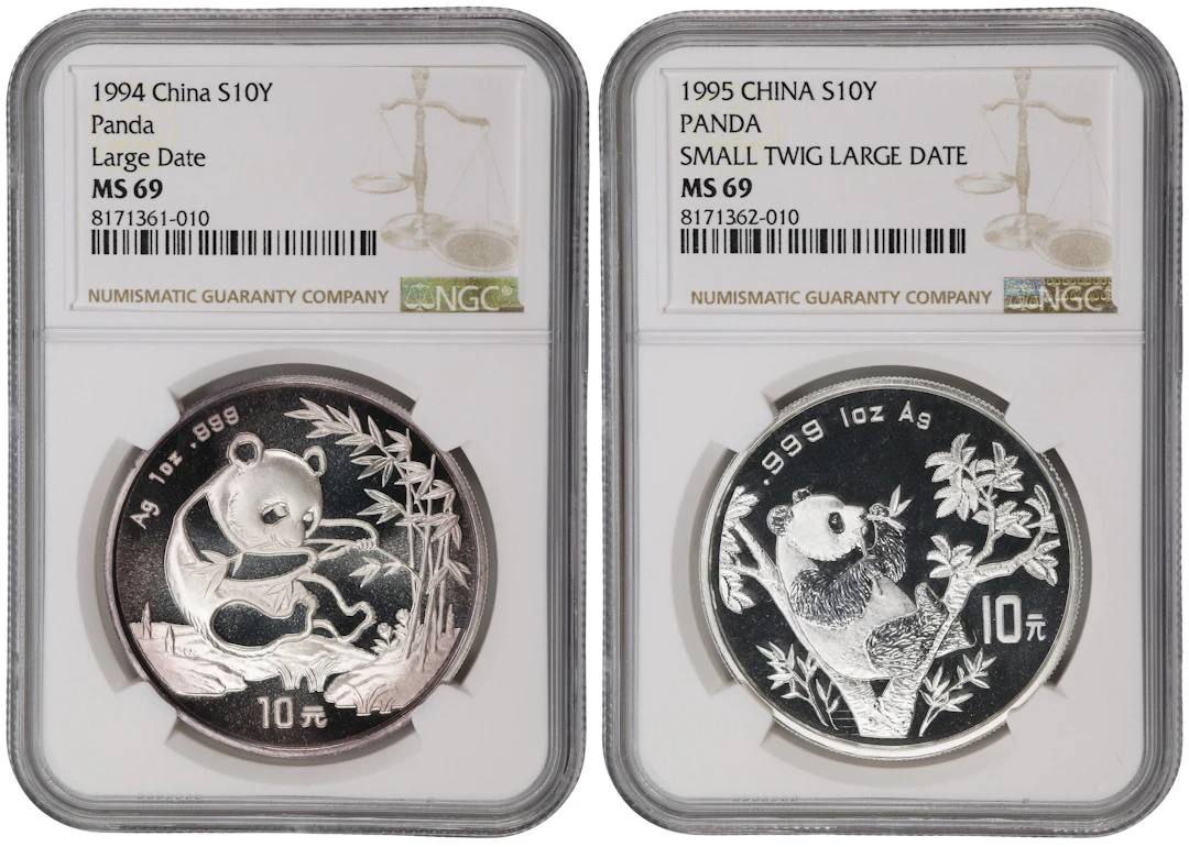 (t) CHINA. Duo of Silver 10 Yuan (2 Pieces), 1994 & 1995. Panda Series.
