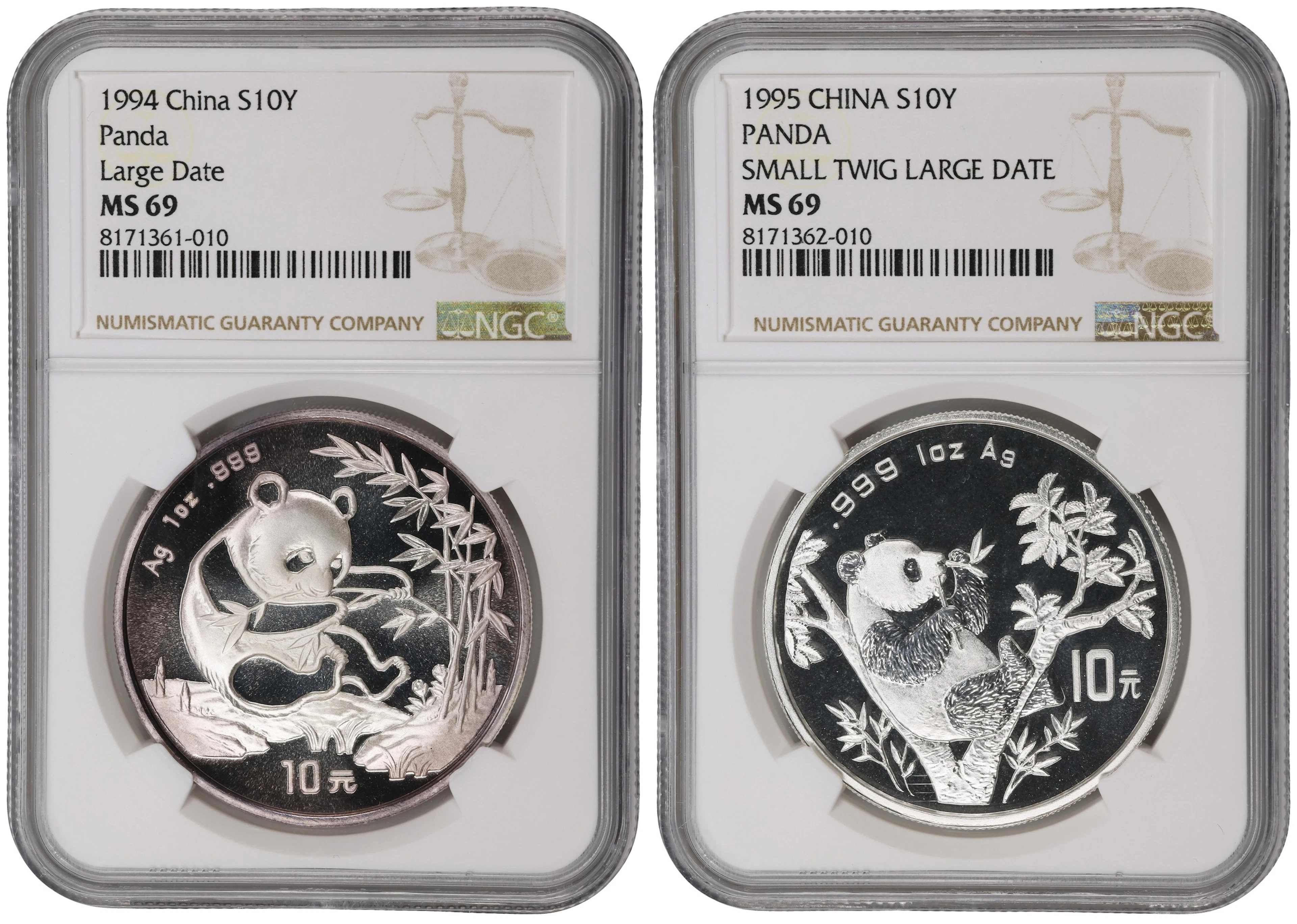 (t) CHINA. Duo of Silver 10 Yuan (2 Pieces), 1994 & 1995. Panda Series.