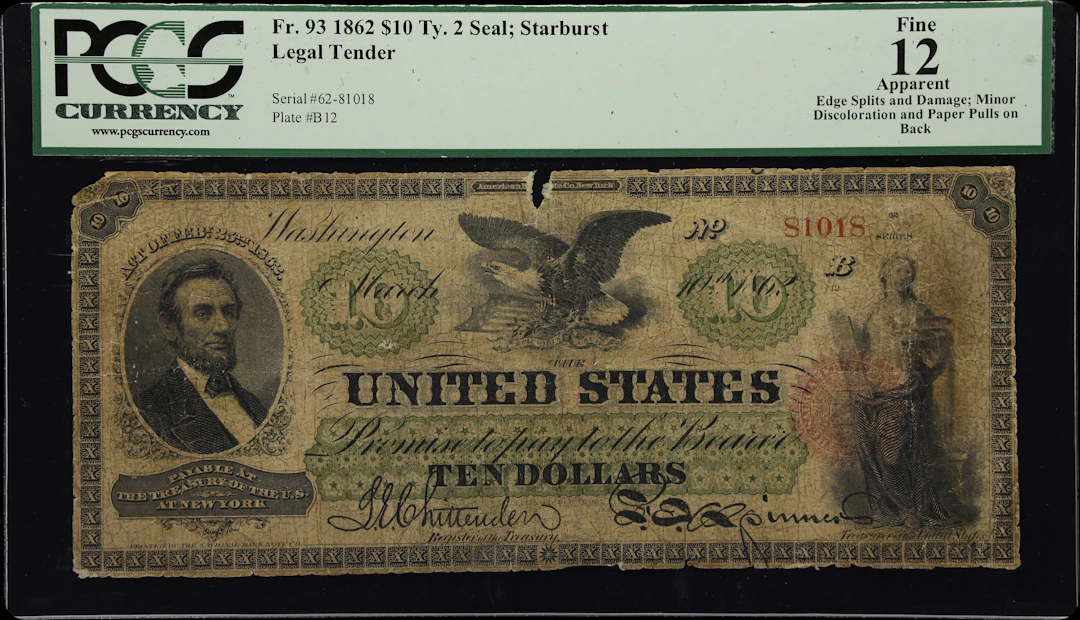 Fr. 93. 1862 $10 Legal Tender Note. PCGS Currency Fine 12 Apparent.