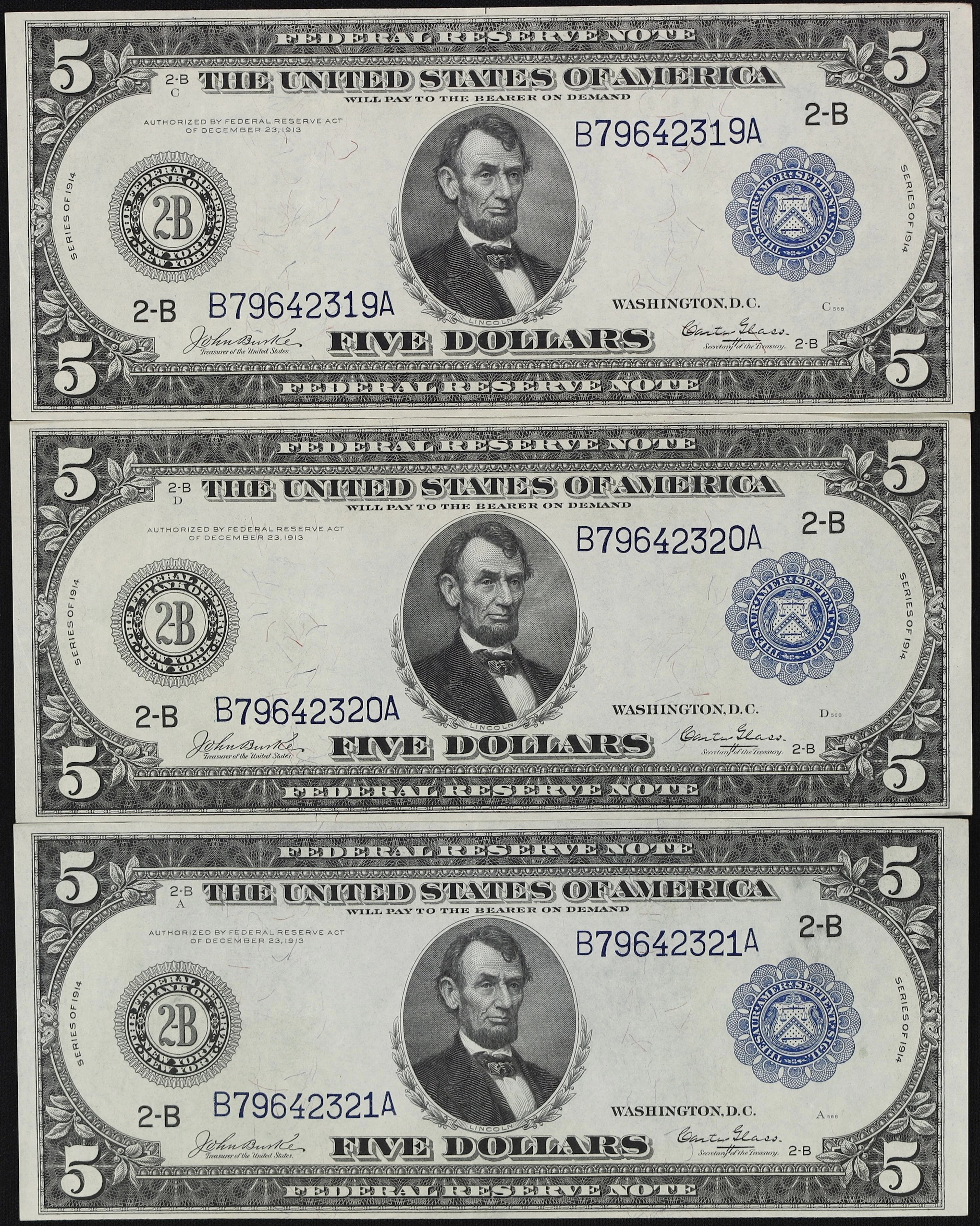 Lot of (2) Fr. 849. 1914 $5 Federal Reserve Notes. Extremely Fine