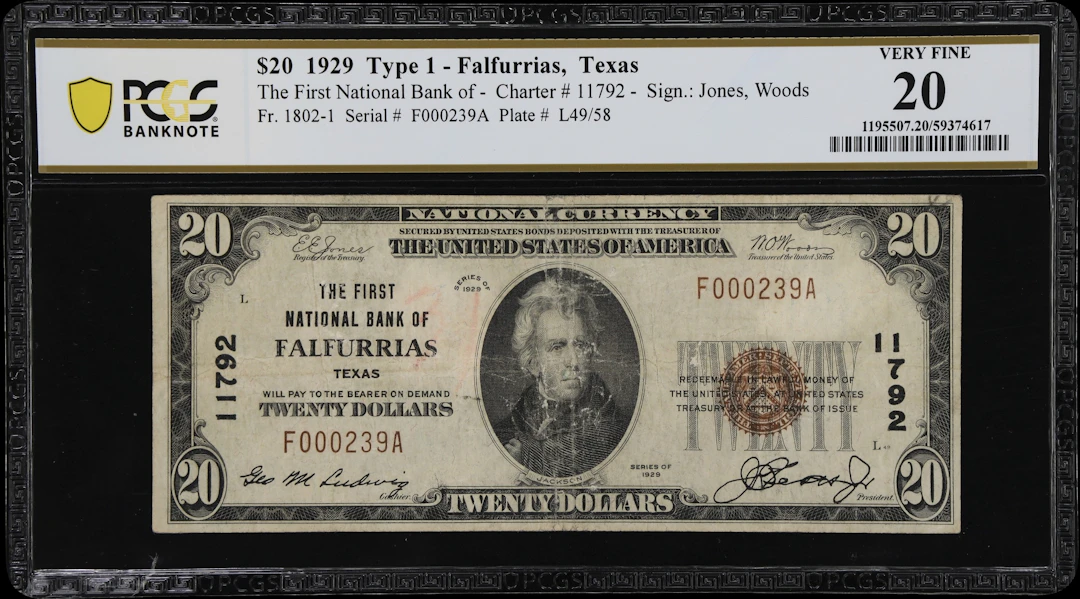 Falfurrias, Texas. $20 1929 Ty. 1. Fr. 1802-1. First NB. Charter #11792.