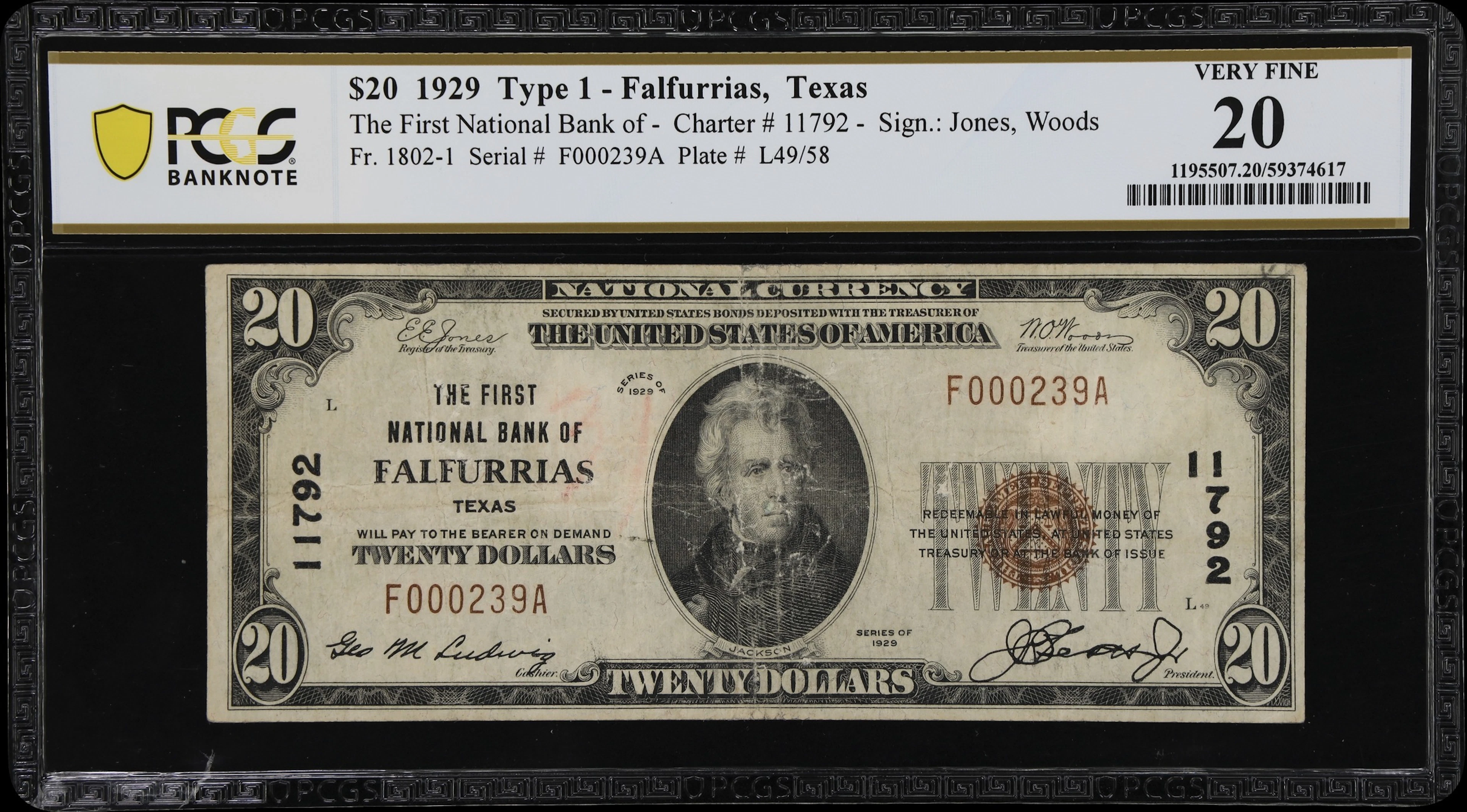 Falfurrias, Texas. $20 1929 Ty. 1. Fr. 1802-1. First NB. Charter #11792.