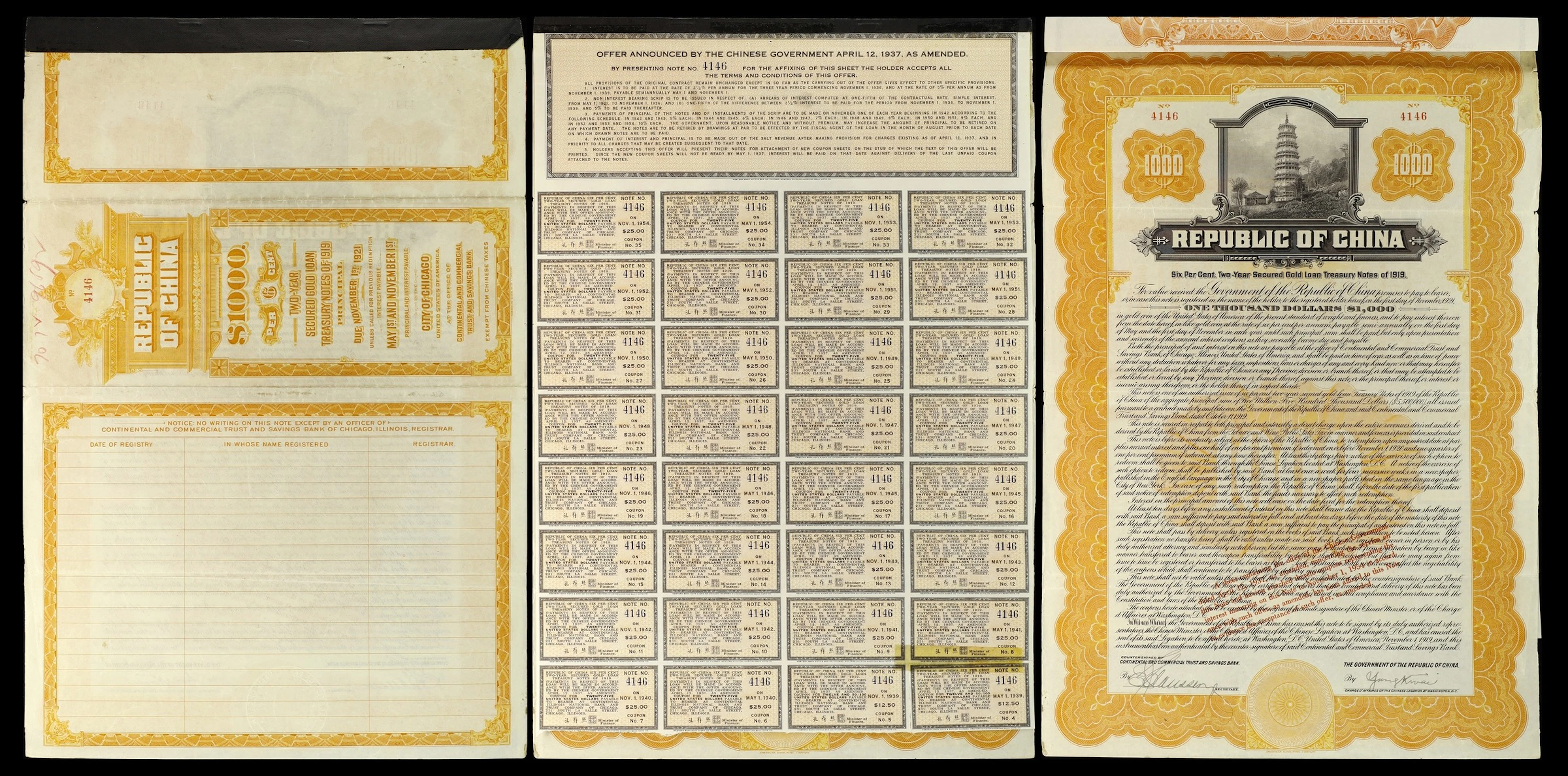 CHINA--REPUBLIC. Republic of China 1919 6% Two-Year Secured Gold Loan