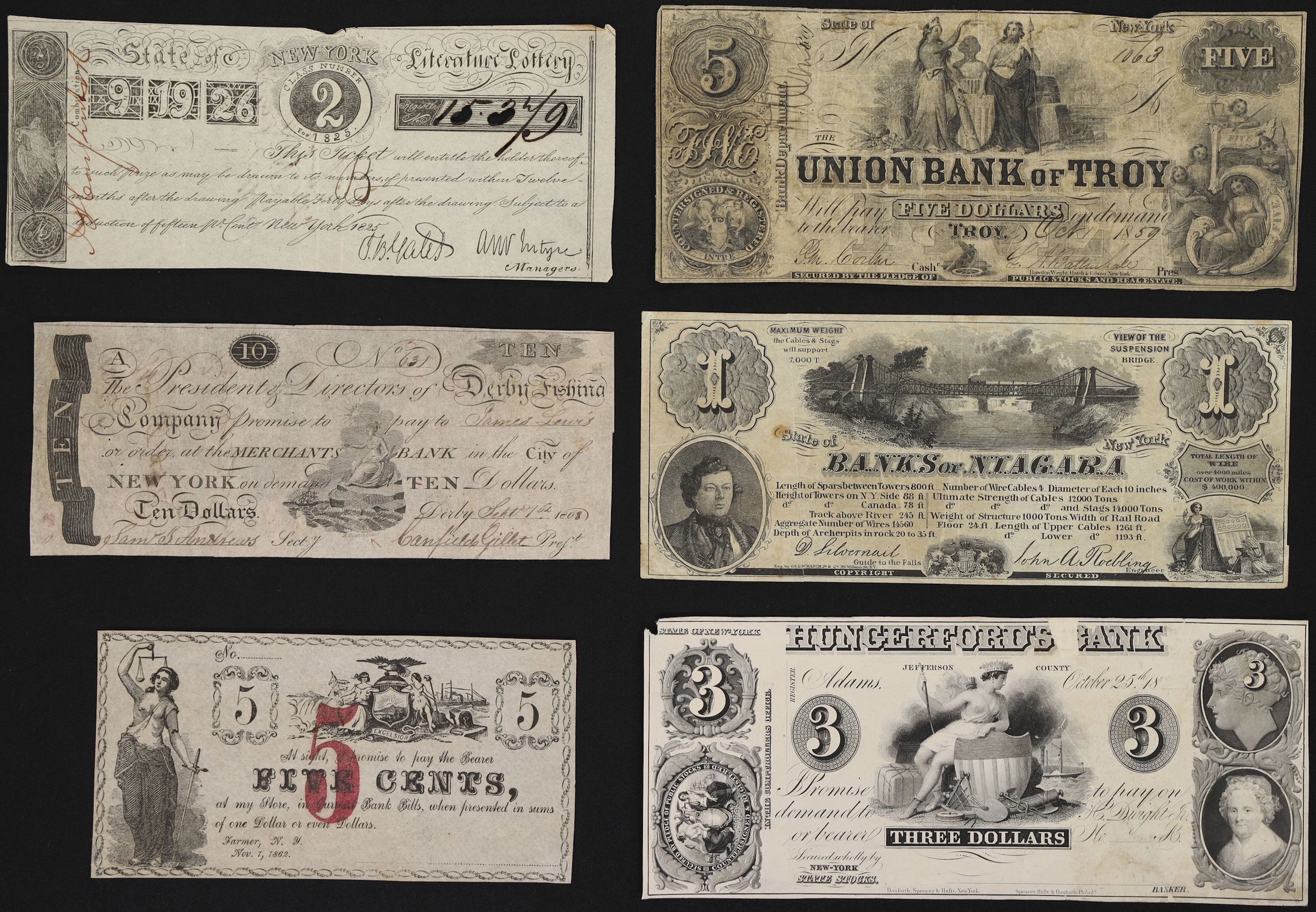 Lot of (6) New York Obsoletes. Mixed Issuers. 1808 - 59 Mixed Denominations.