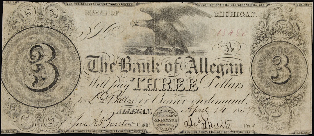 Allegan, Michigan. Bank of Allegan. 1857 $3. Fine.