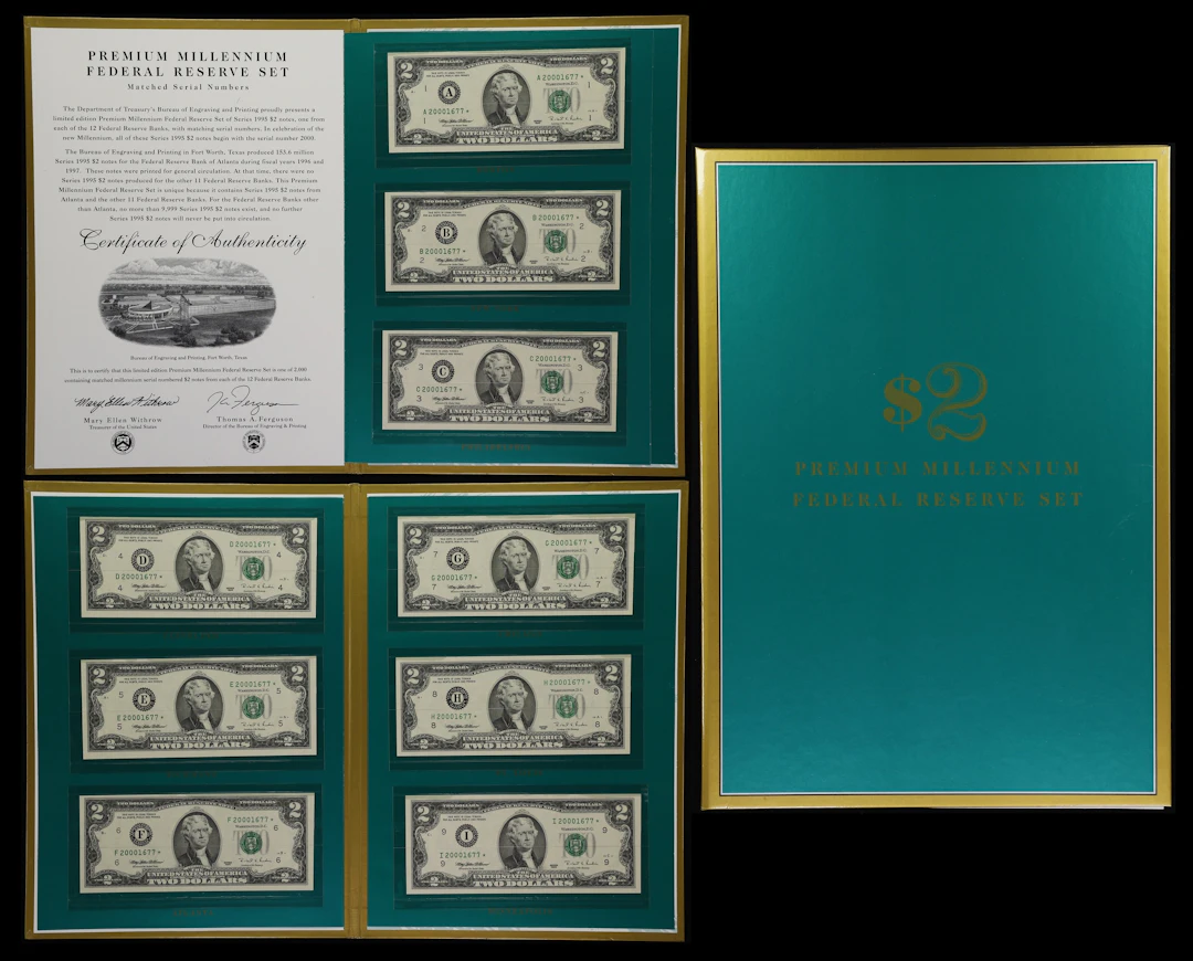 Book of (12) Fr. 1936-A* to 1936-L*. 1995 $2 Federal Reserve Star