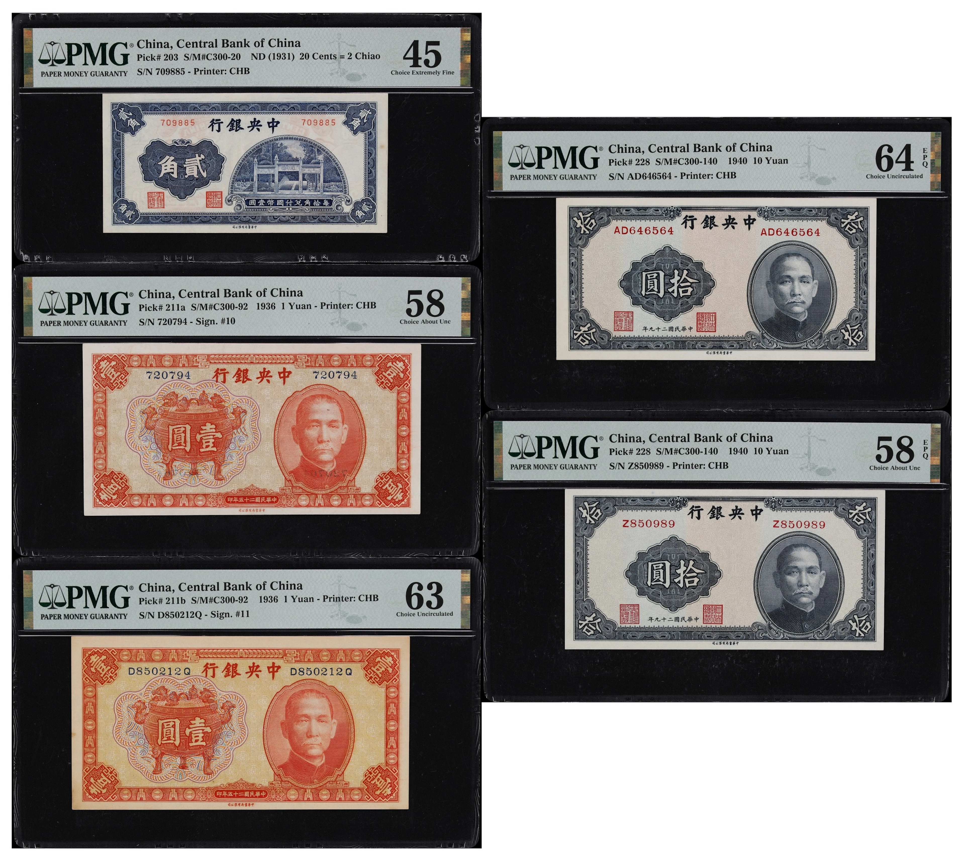 (t) CHINA--REPUBLIC. Lot of (5). Central Bank of China. 20 Cents