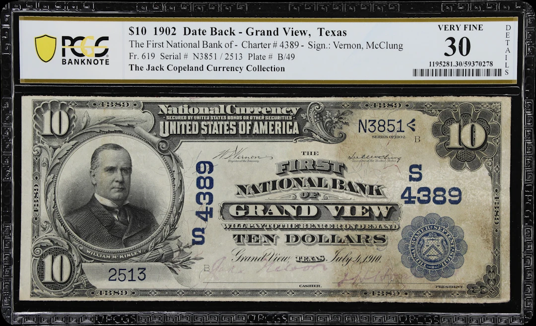 Grand View, Texas. $10 1902 Date Back. Fr. 619. First NB. Charter