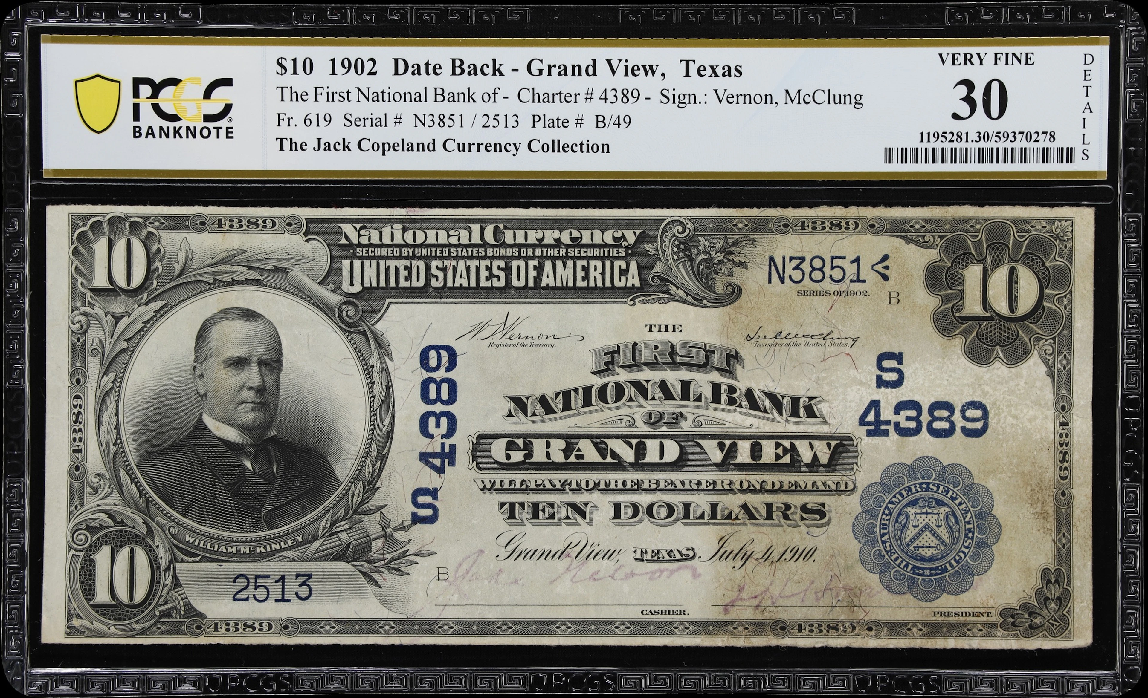 Grand View, Texas. $10 1902 Date Back. Fr. 619. First NB. Charter