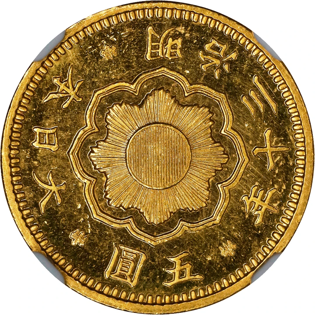 JAPAN. 5 Yen, Year 30 (1897). Osaka Mint. Mutsuhito (Meiji). NGC MS-65