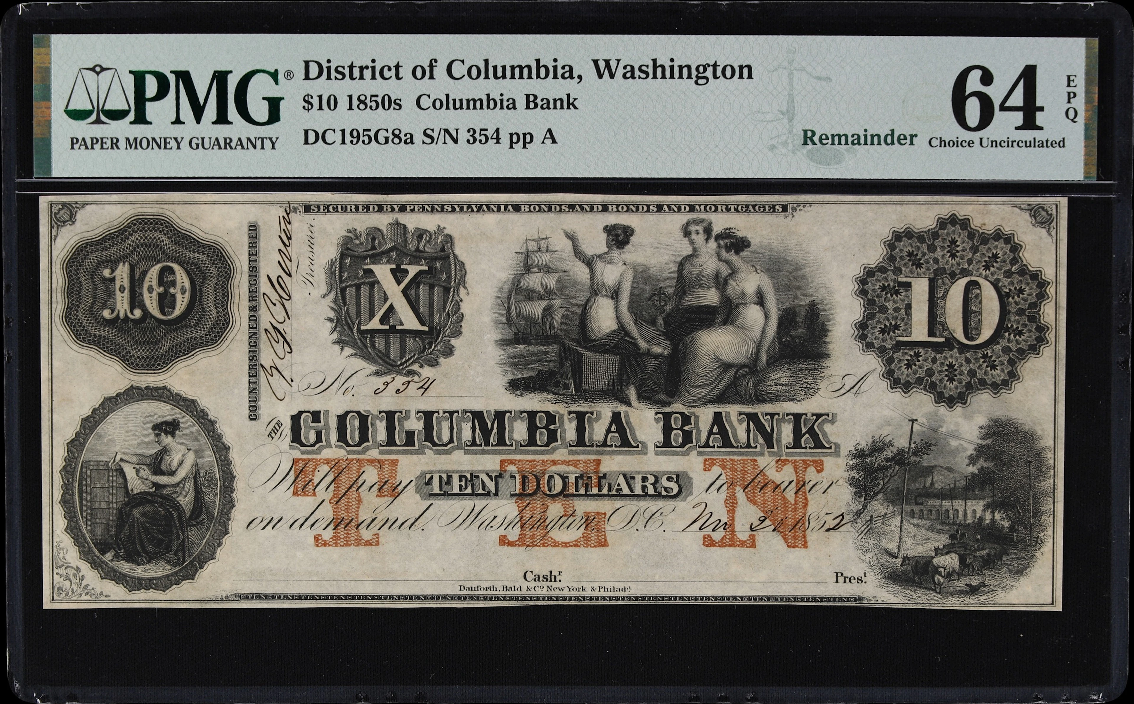 Washington, District of Columbia. Columbia Bank. 1852 $10. PMG Choice