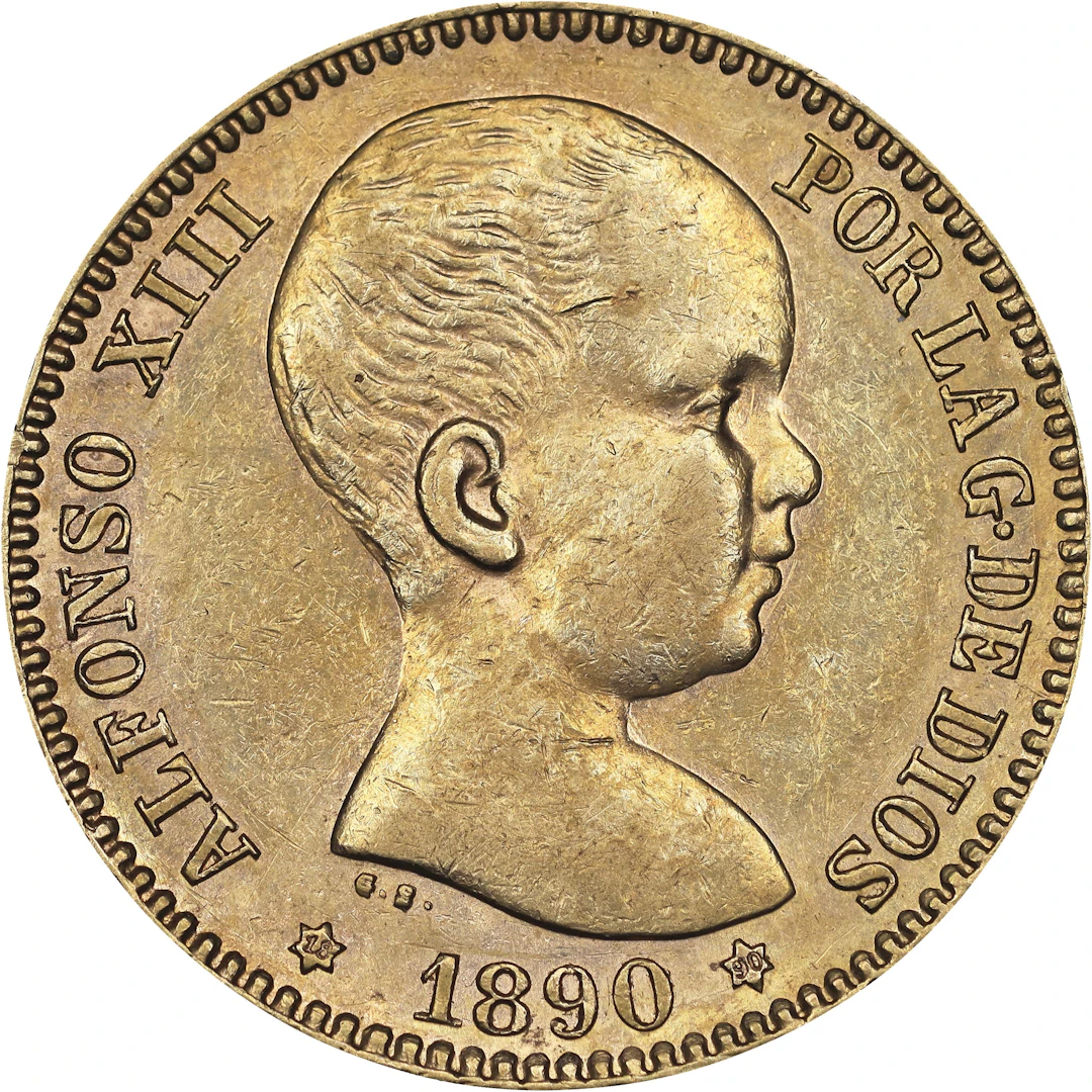 (0.187 oz, 5.816 g AGW). Spain. 1890 Gold 20 Pesetas.