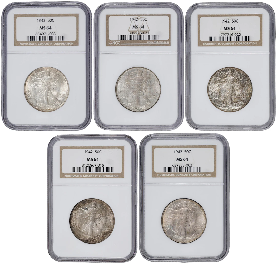 Lot of (5) 1942 Walking Liberty Half Dollars. MS-64 (NGC).