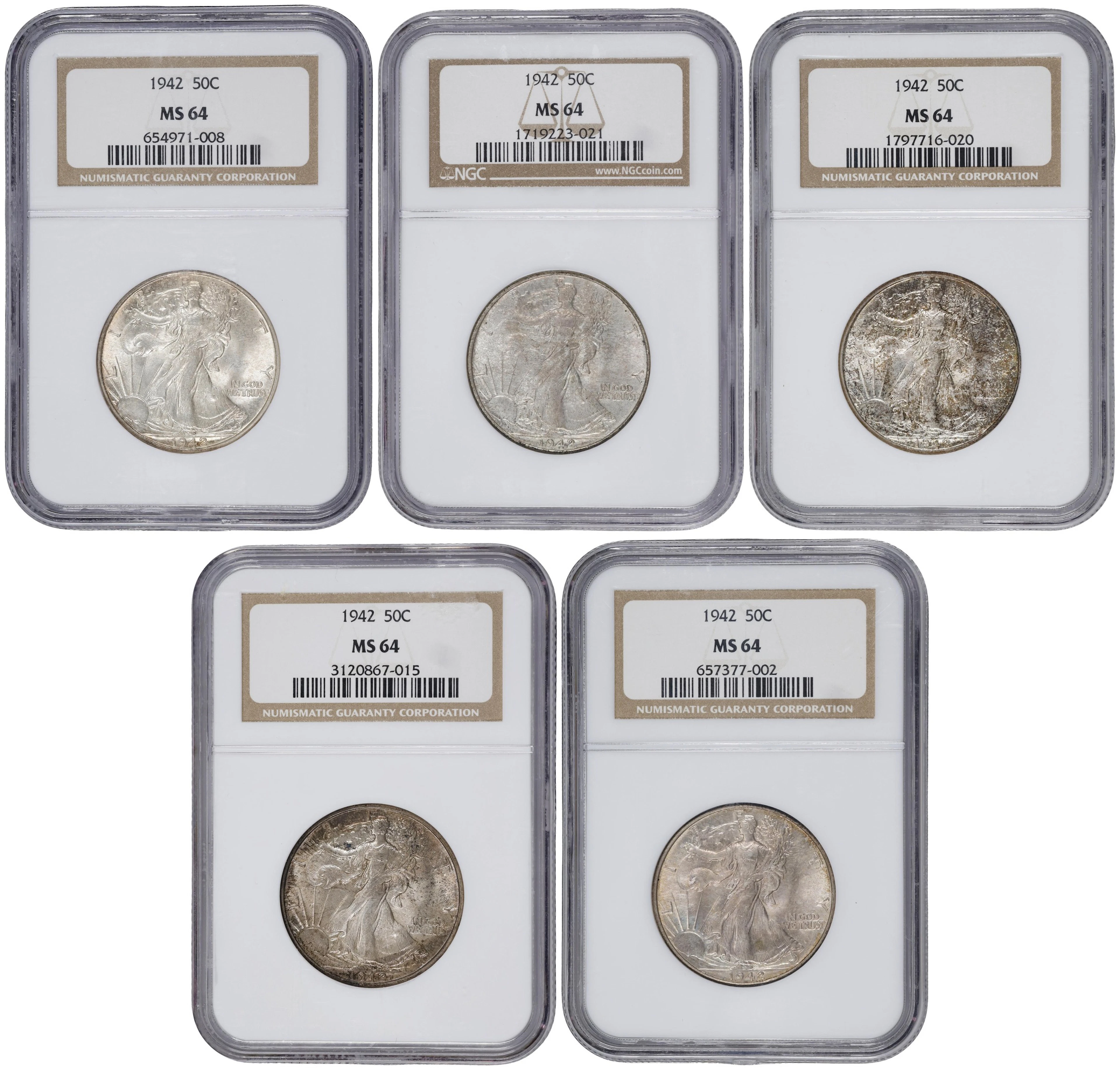 Lot of (5) 1942 Walking Liberty Half Dollars. MS-64 (NGC).