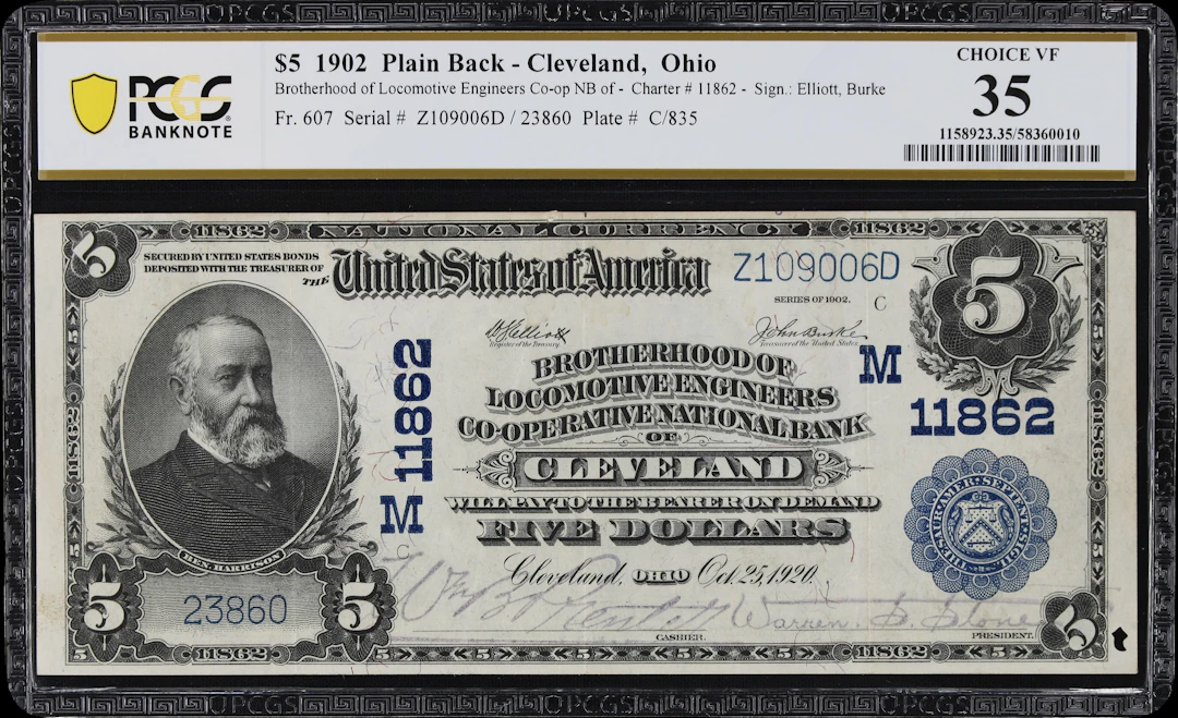 Cleveland, Ohio. $5 1902 Plain Back. Fr. 607. Brotherhood of Locomotive