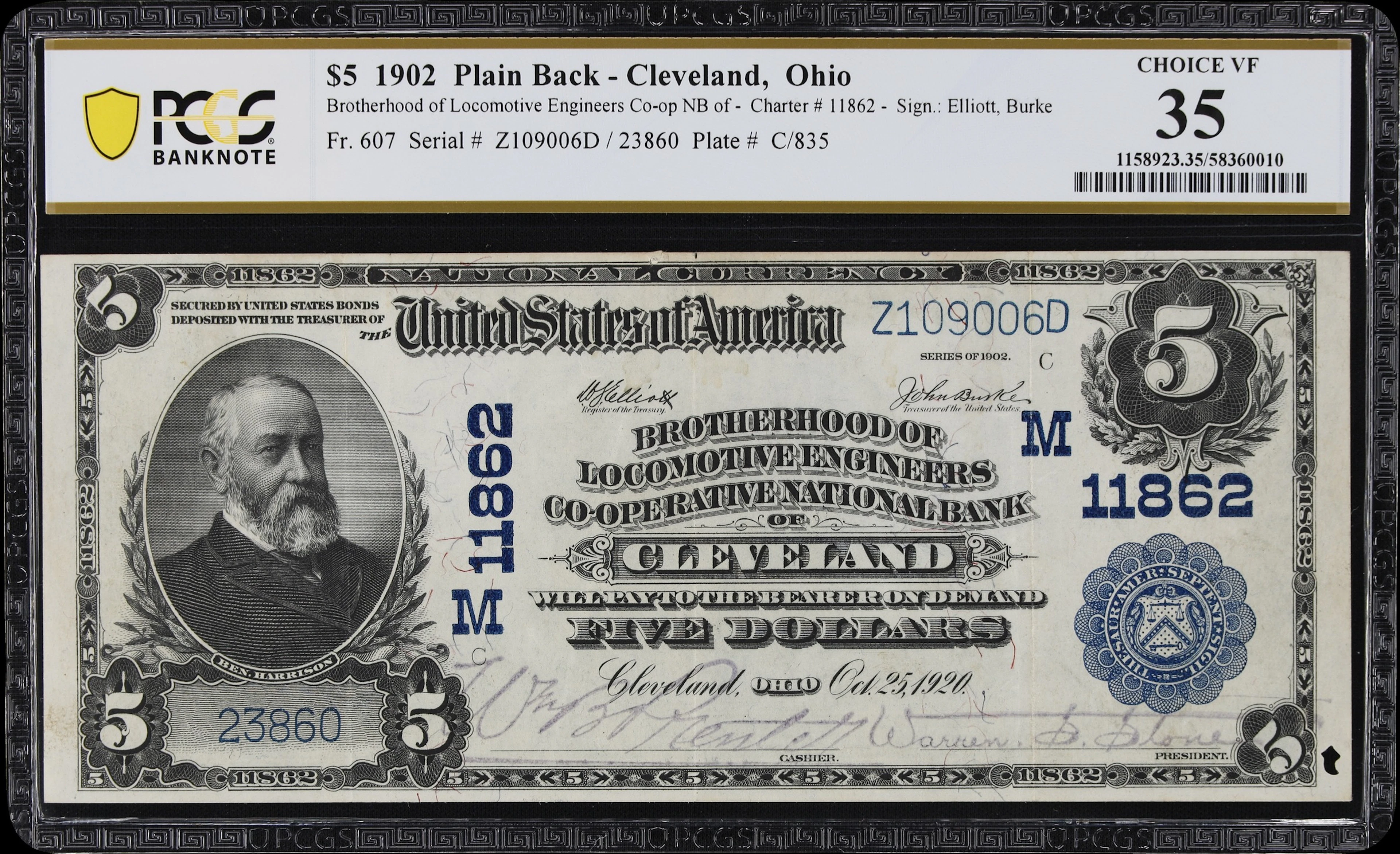 Cleveland, Ohio. $5 1902 Plain Back. Fr. 607. Brotherhood of Locomotive