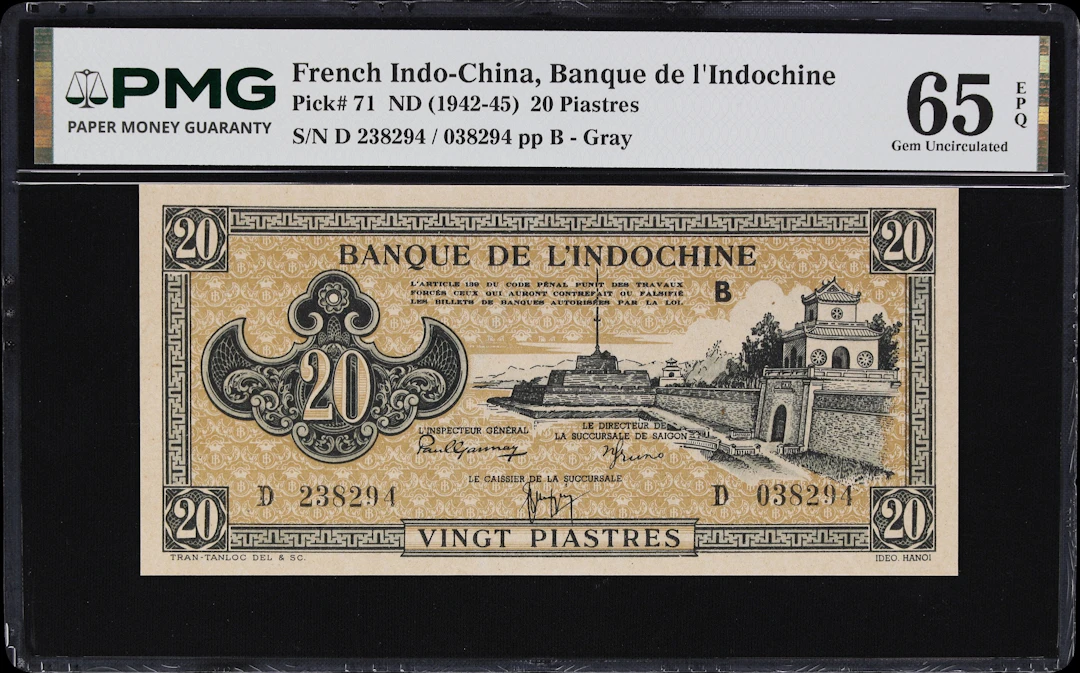 FRENCH INDO-CHINA. Banque de l'Indochine. 20 Piastres, ND (1942-45).