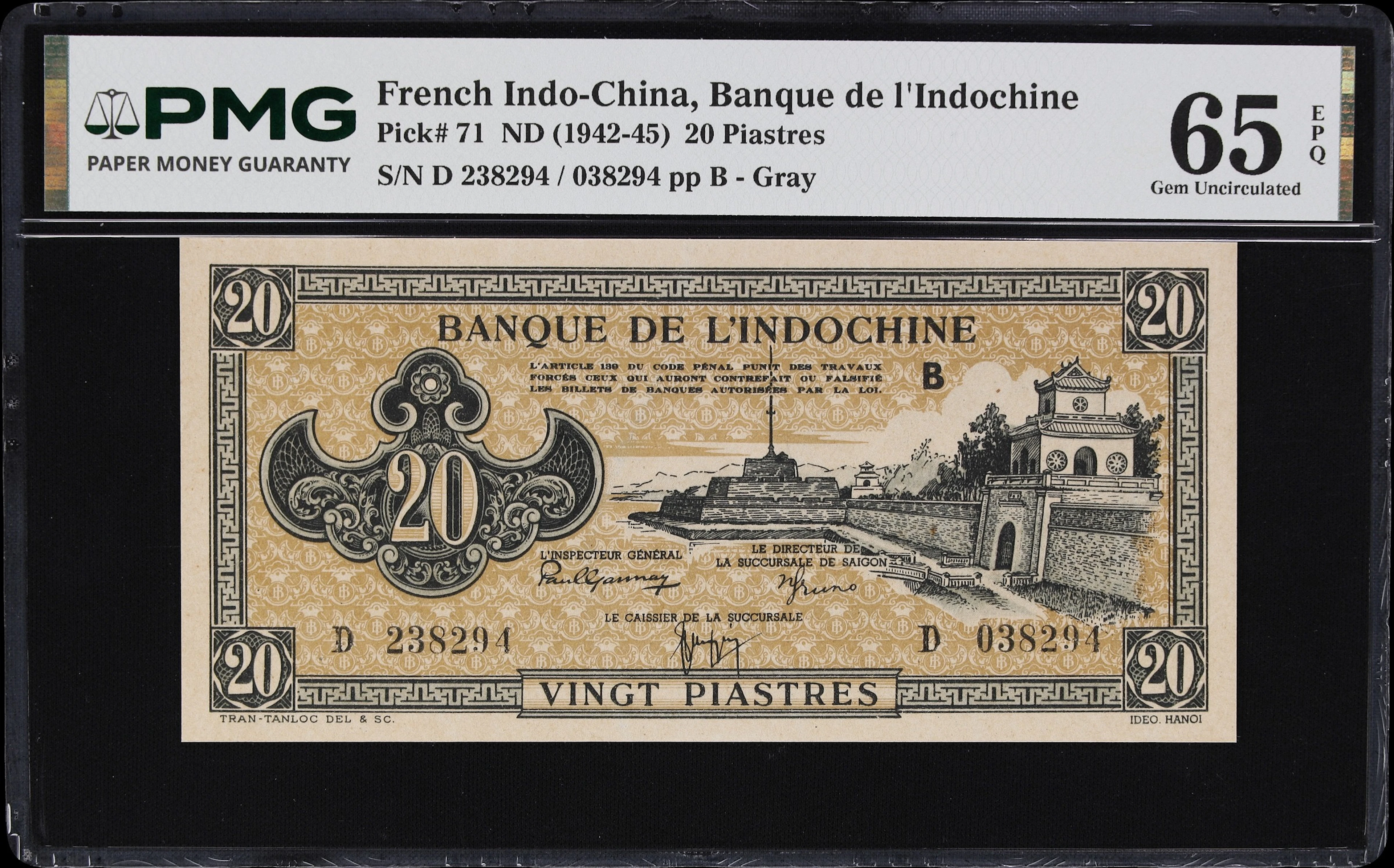 FRENCH INDO-CHINA. Banque de l'Indochine. 20 Piastres, ND (1942-45).