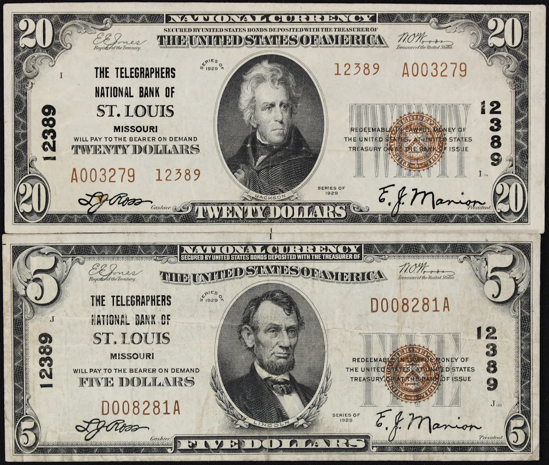 Lot of (2) Saint Louis, Missouri. $5 & $20 1929 Ty. 1 & Ty. 2. Fr.