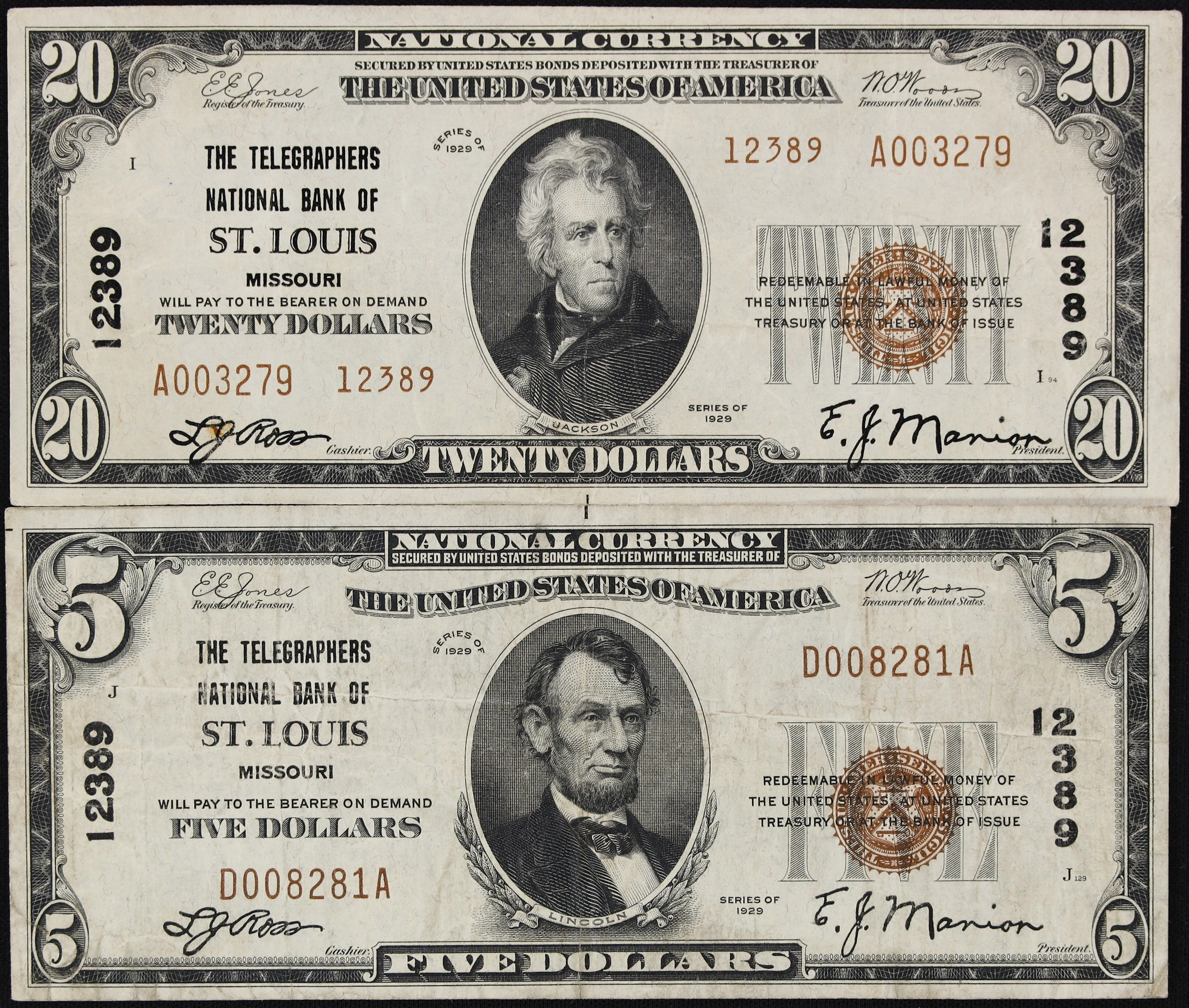 Lot of (2) Saint Louis, Missouri. $5 & $20 1929 Ty. 1 & Ty. 2. Fr.