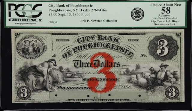 Poughkeepsie, New York. City Bank of Poughkeepsie. 1860 $3. PCGS Currency