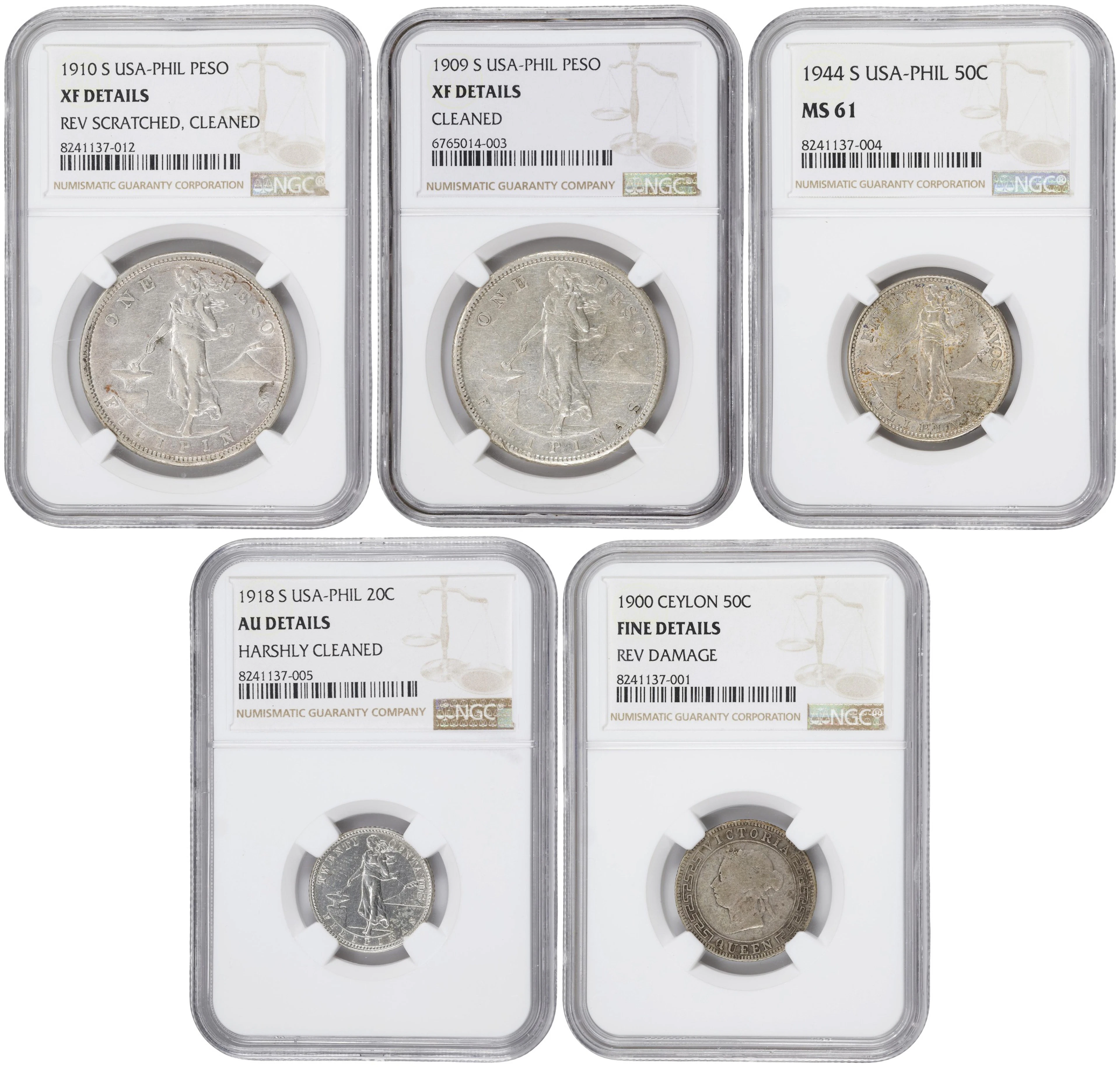 MIXED LOTS. Quintet of Silver Denominations (5 Pieces), 1900-44. All