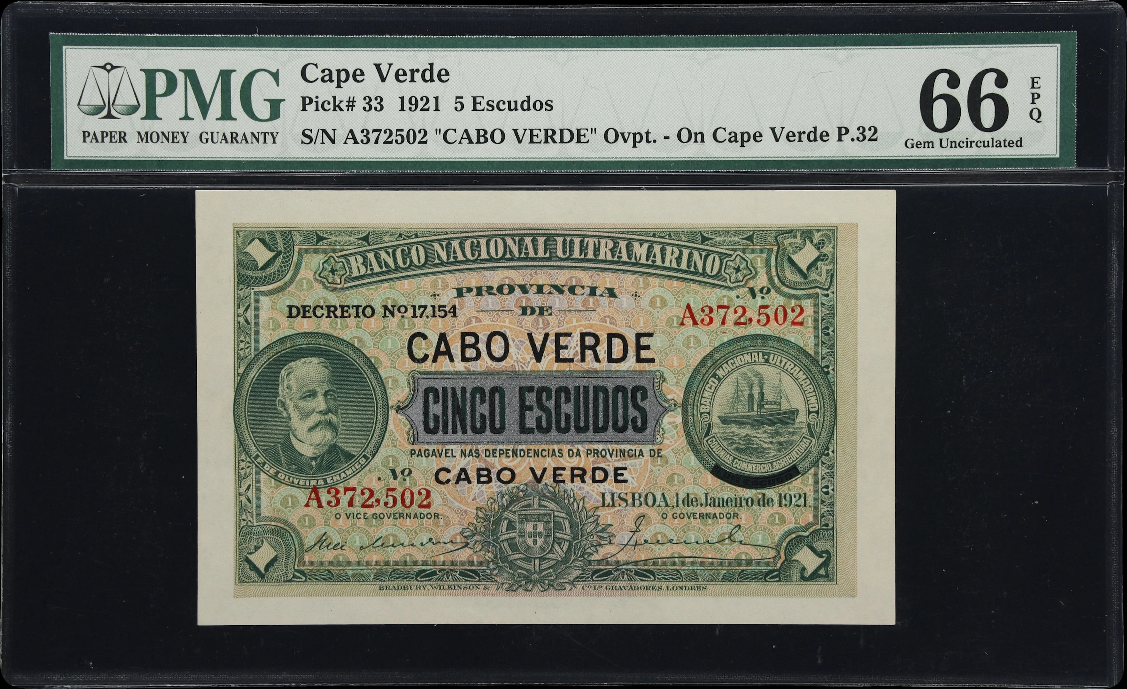 (◊) CAPE VERDE. Banco Nacional Ultramarino. 5 Escudos, 1.1.1921. P-33.