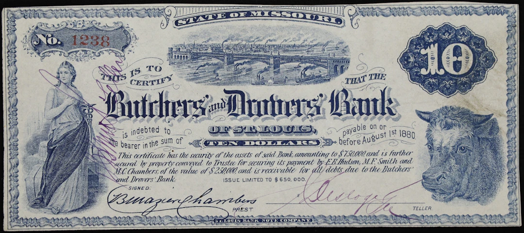 St. Louis, Missouri. Butchers' and Drovers' Bank. 1880 $10. About Uncirculated.