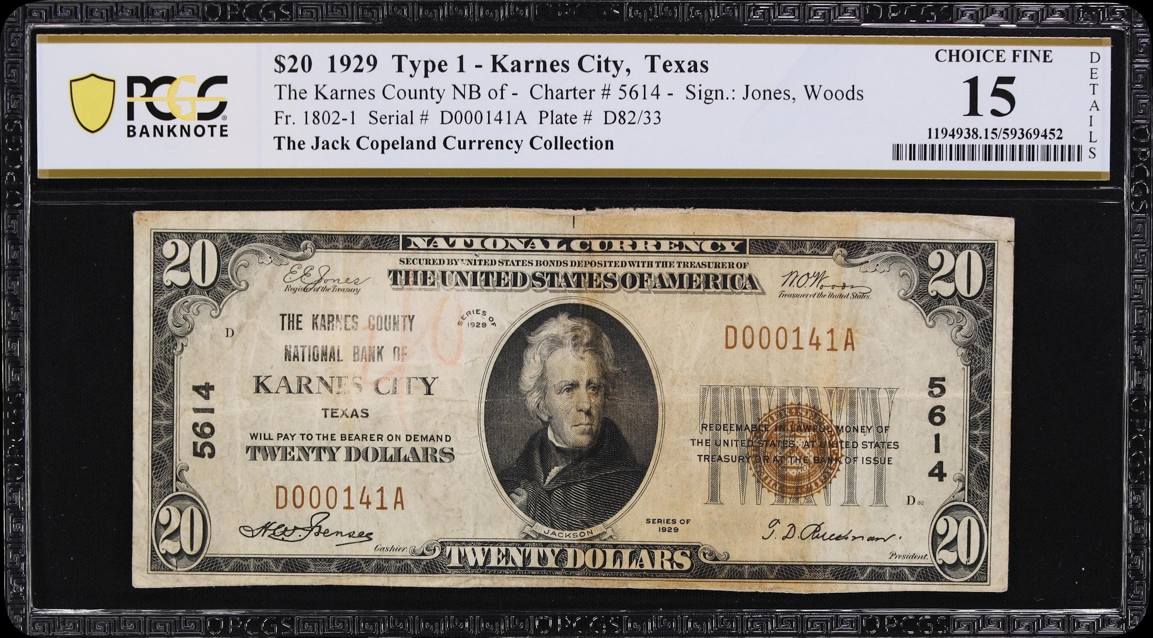 Karnes City, Texas. $20 1929 Ty. 1. Fr. 1802-1. Karnes County NB.