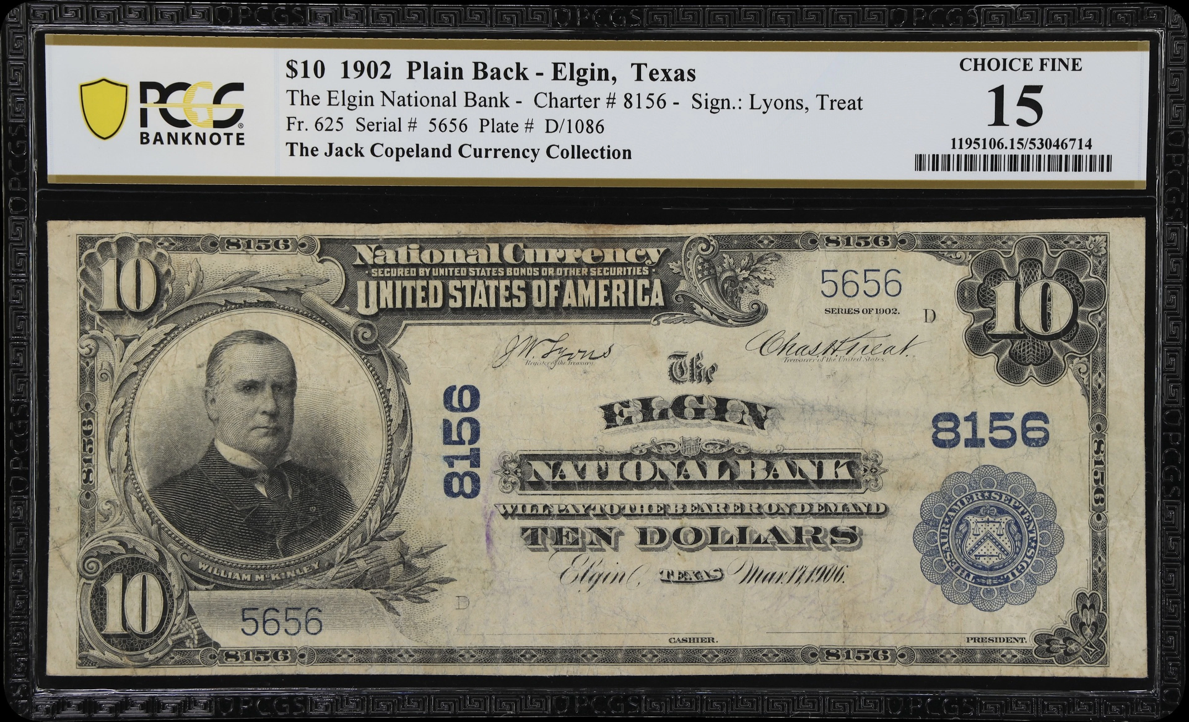 Elgin, Texas. $10 1902 Plain Back. Fr. 625. Elgin NB. Charter #8156.