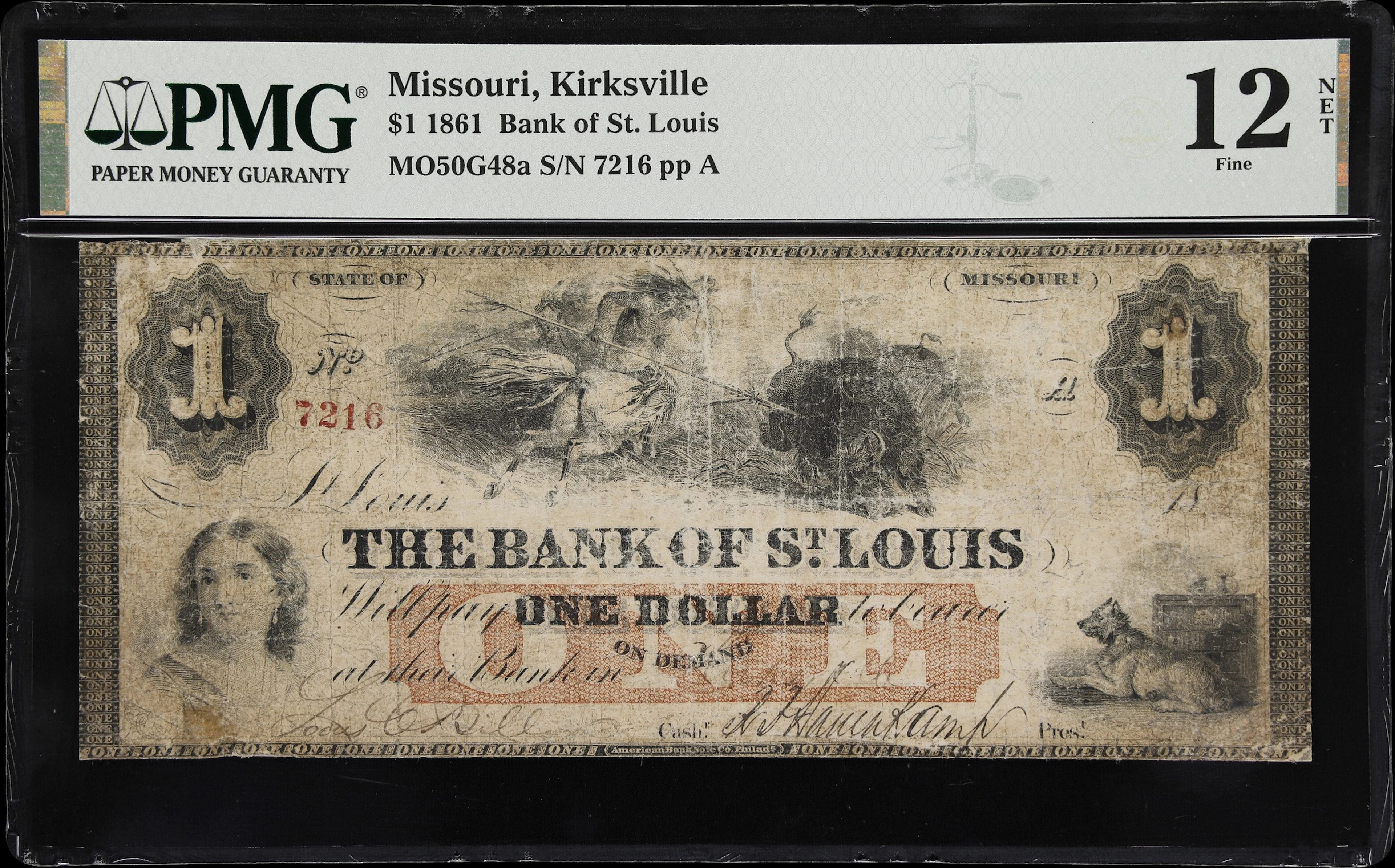 Kirksville, Missouri. Bank of St. Louis. 1861 $1. PMG Fine 12 Net.