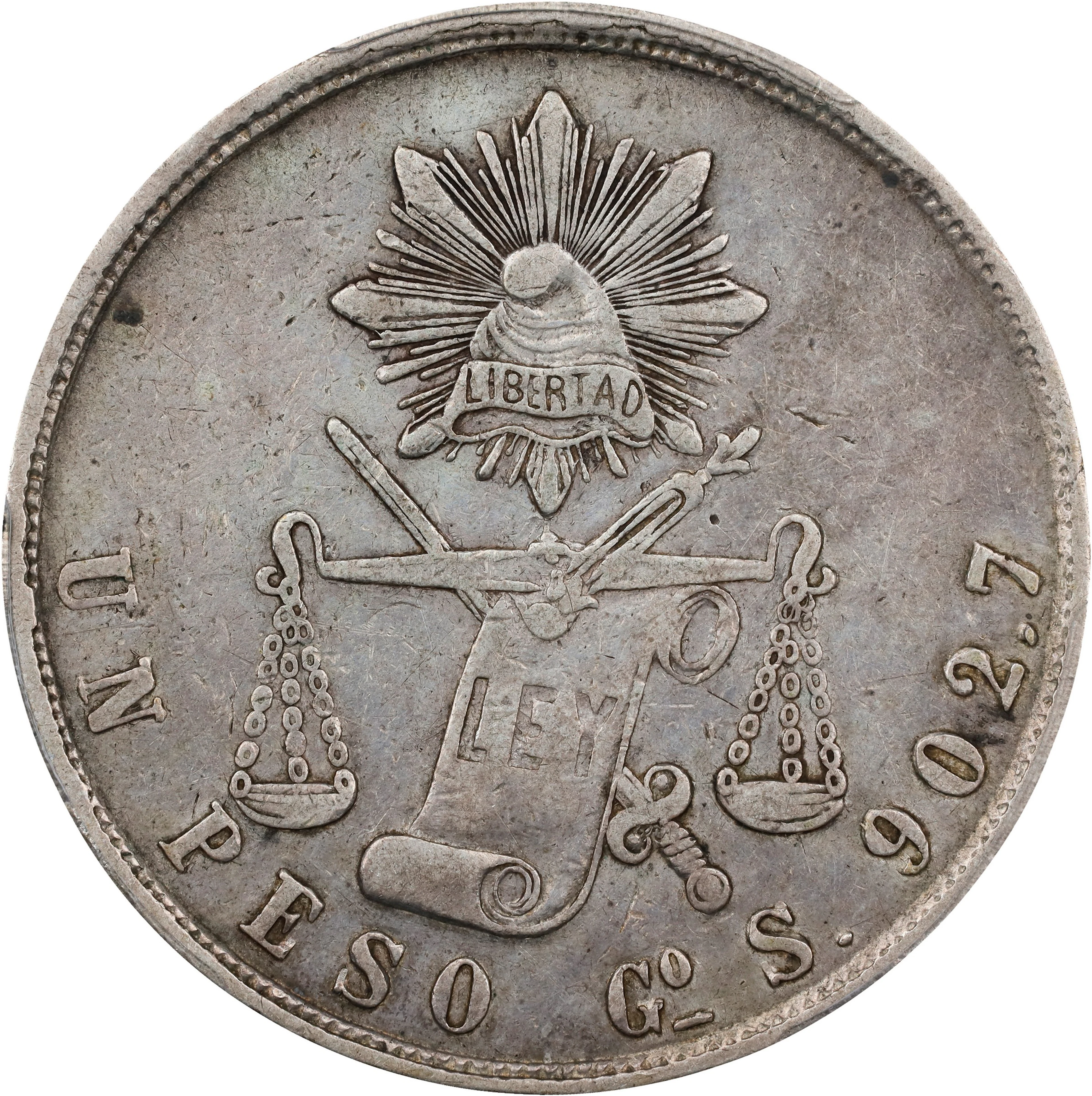 MEXICO. Peso, 1871-Go S. Guanajuato Mint. PCGS Genuine--Cleaned, EF Details.