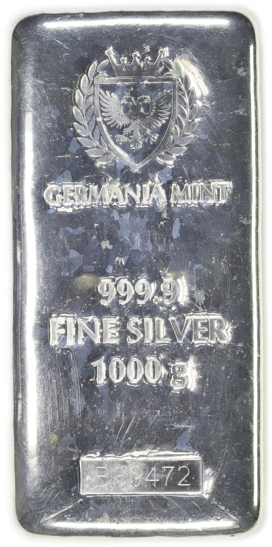 (32.151 oz, 1000 g ASW). Germania Mint 1 Kilo Silver Bar.