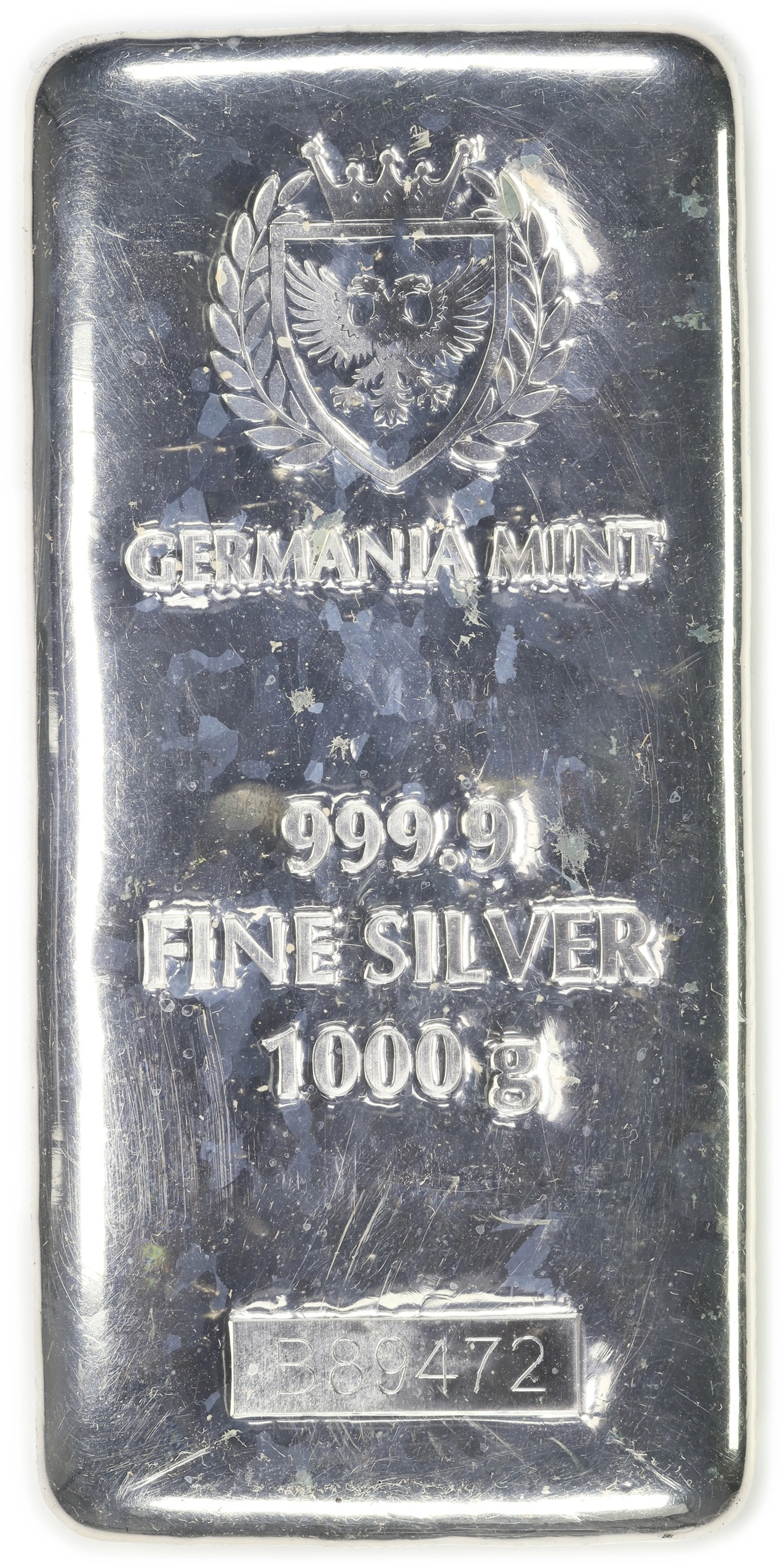 (32.151 oz, 1000 g ASW). Germania Mint 1 Kilo Silver Bar.