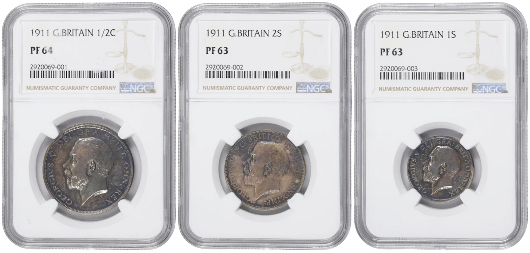 GREAT BRITAIN. Trio of Proofs (3 Pieces), 1911. London Mint. George