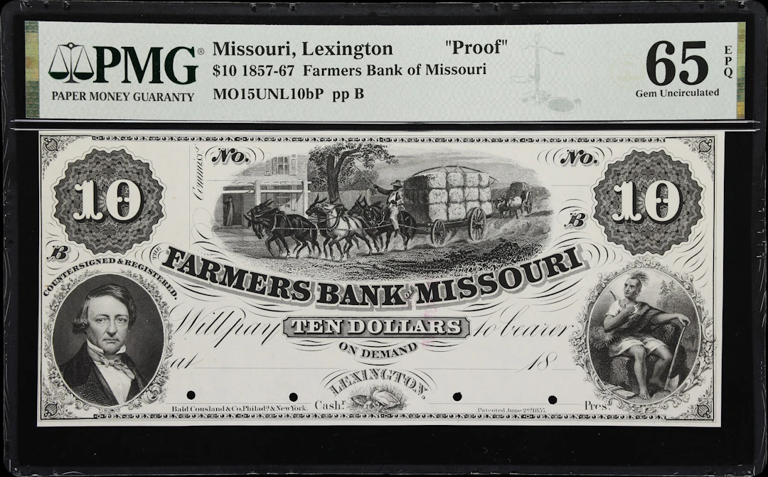 Lexington, Missouri. Farmers Bank of Missouri. 18xx $10. PMG Gem Uncirculated