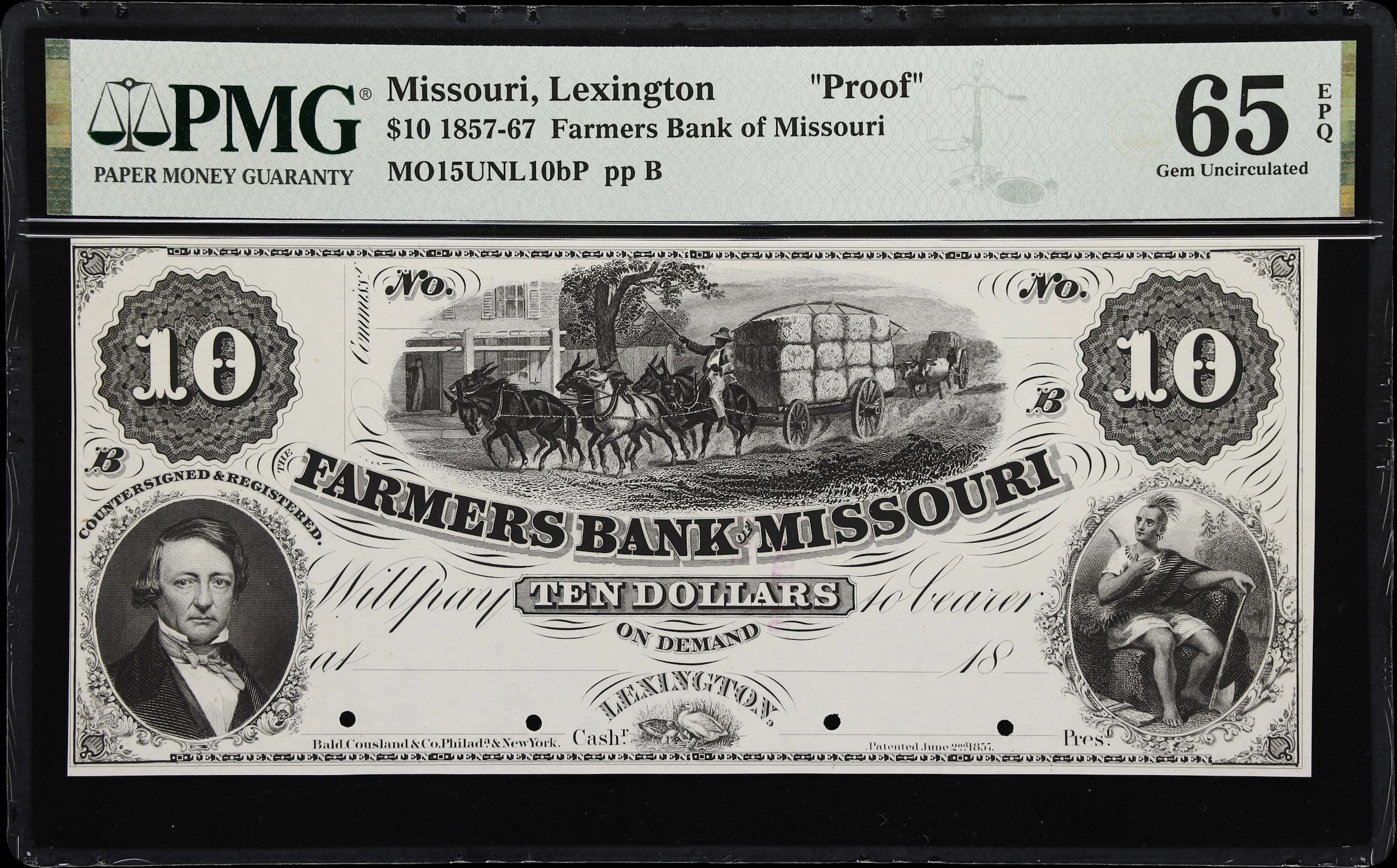 Lexington, Missouri. Farmers Bank of Missouri. 18xx $10. PMG Gem Uncirculated