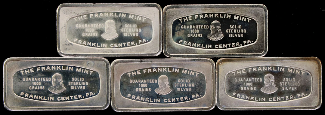 (9.635 oz, 299.7 g ASW). Lot of (5) Franklin Mint 1000 grain Assorted