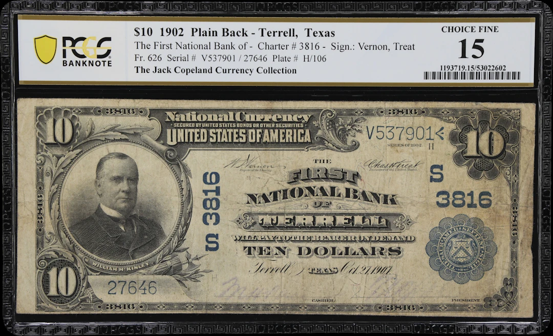 Terrell, Texas. $10 1902 Plain Back. Fr. 626. First NB. Charter #3816.