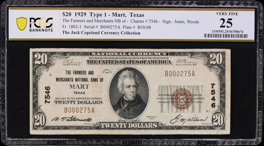Mart, Texas. $20 1929 Ty. 1. Fr. 1802-1. Farmers & Merchants NB. Charter