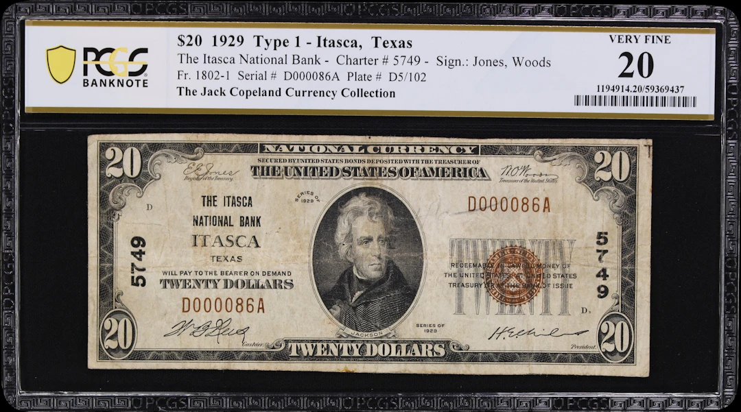 Itasca, Texas. $20 1929 Ty. 1. Fr. 1802-1. Itasca NB. Charter #5749.